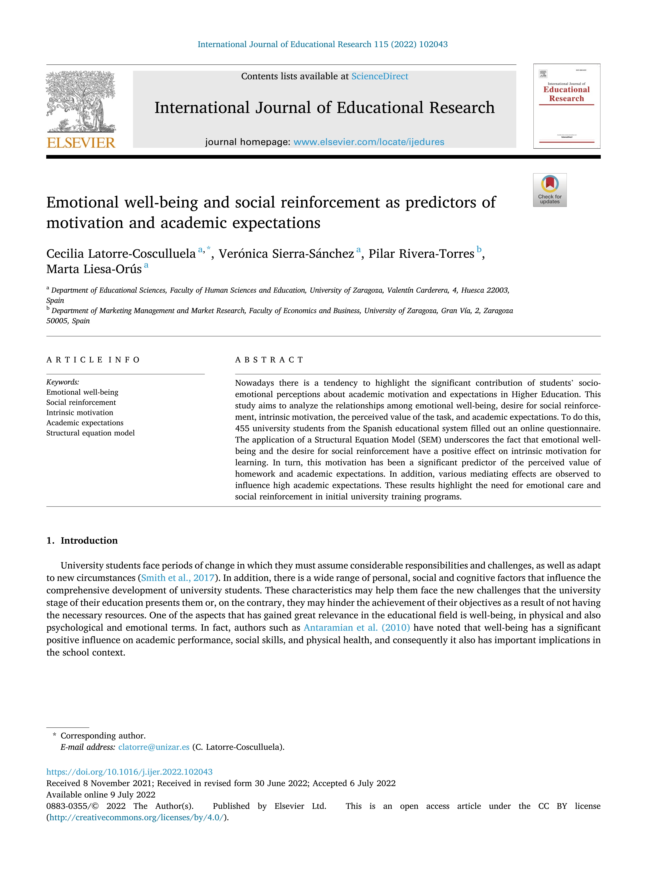 Emotional well-being and social reinforcement as predictors of motivation and academic expectations