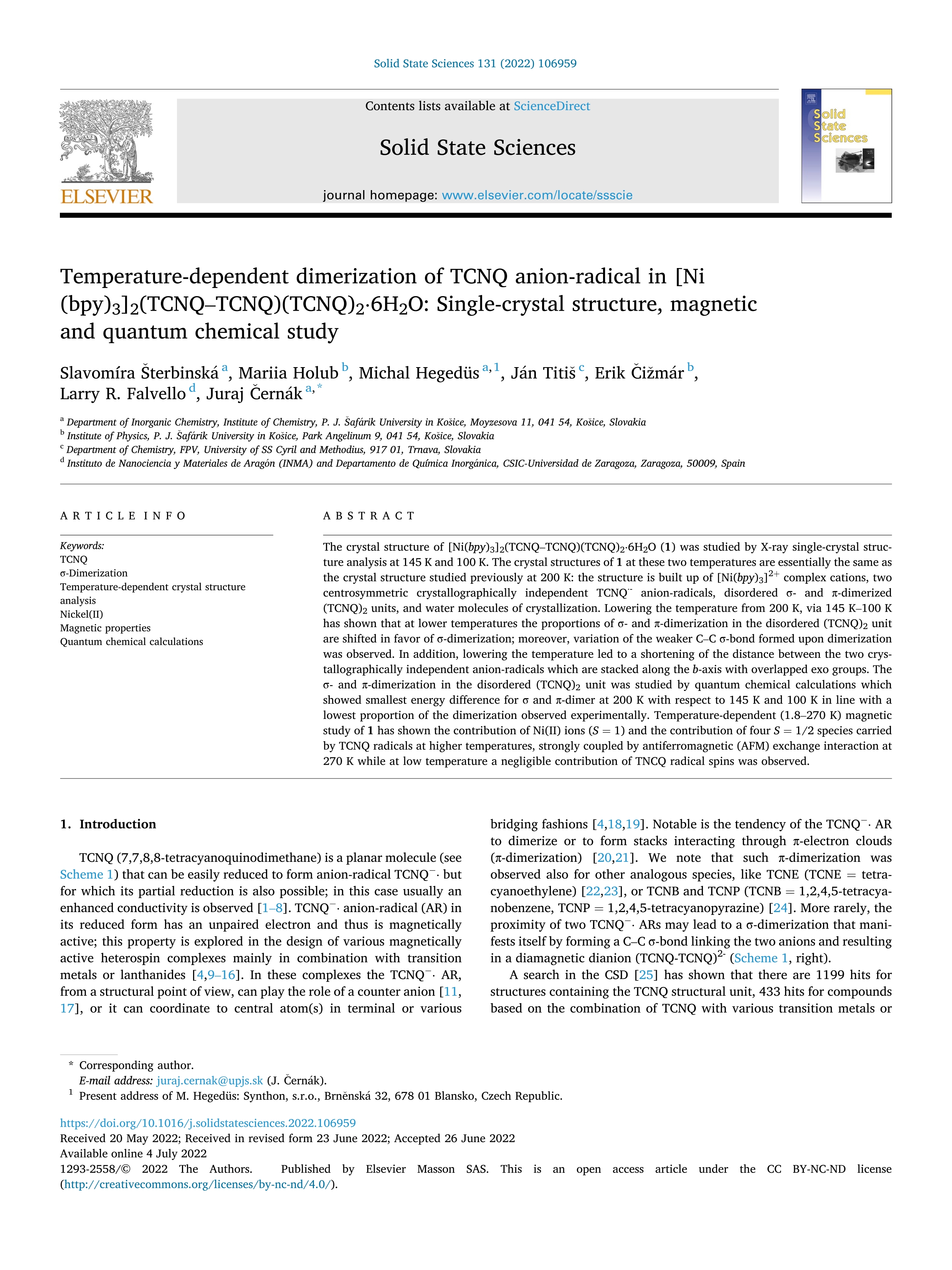 Temperature-dependent dimerization of TCNQ anion-radical in [Ni (bpy)(3)](2)(TCNQ-TCNQ)(TCNQ)(2)center dot 6H(2)O: Single-crystal structure, magnetic and quantum chemical study