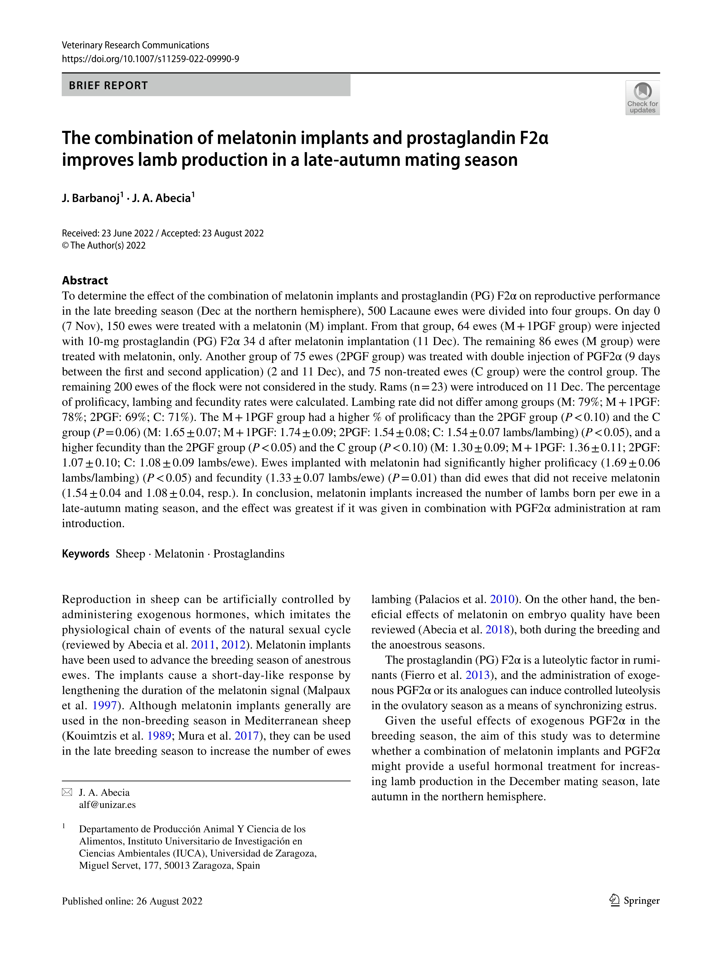 The combination of melatonin implants and prostaglandin F2 alpha improves lamb production in a late-autumn mating season