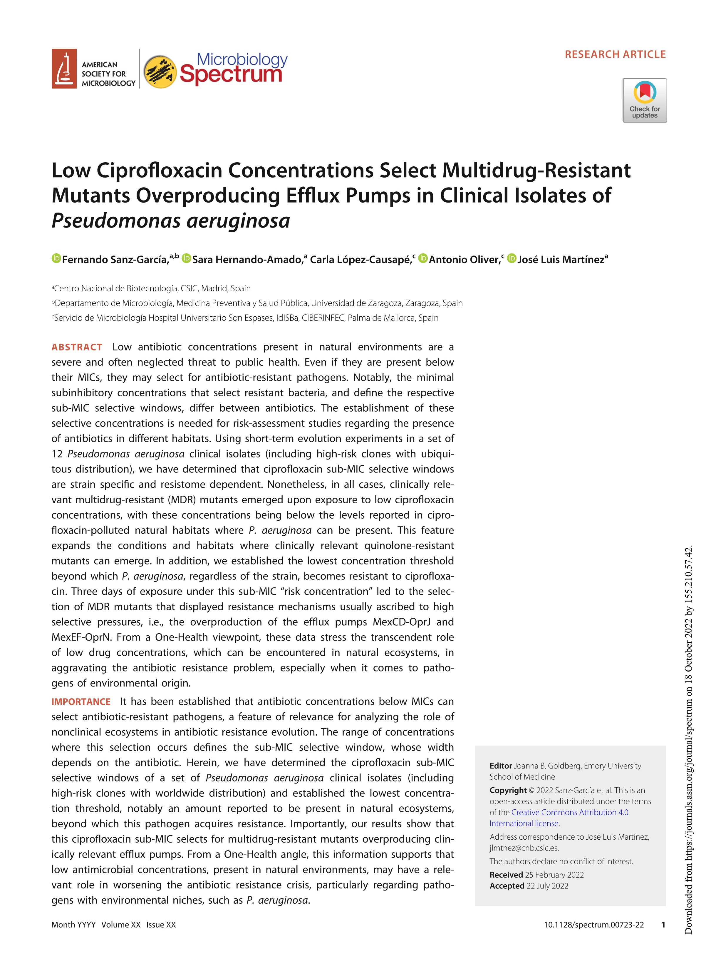 Low Ciprofloxacin concentrations select Multidrug-Resistant Mutants overproducing efflux pumps in clinical isolates of Pseudomonas Aeruginosa