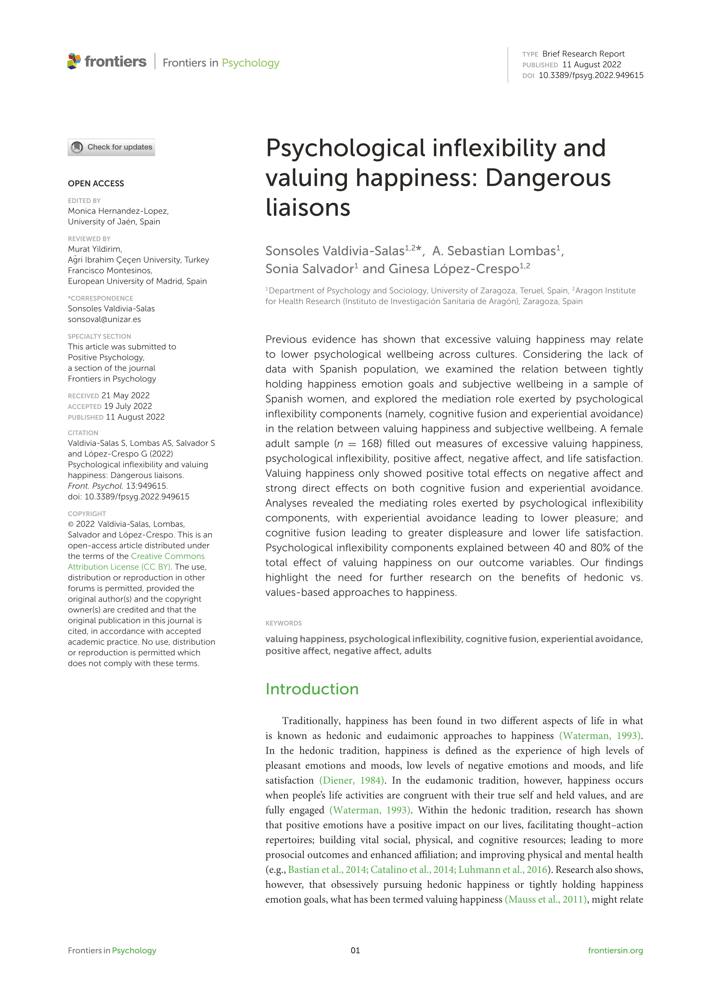 Psychological inflexibility and valuing happiness: Dangerous liaisons