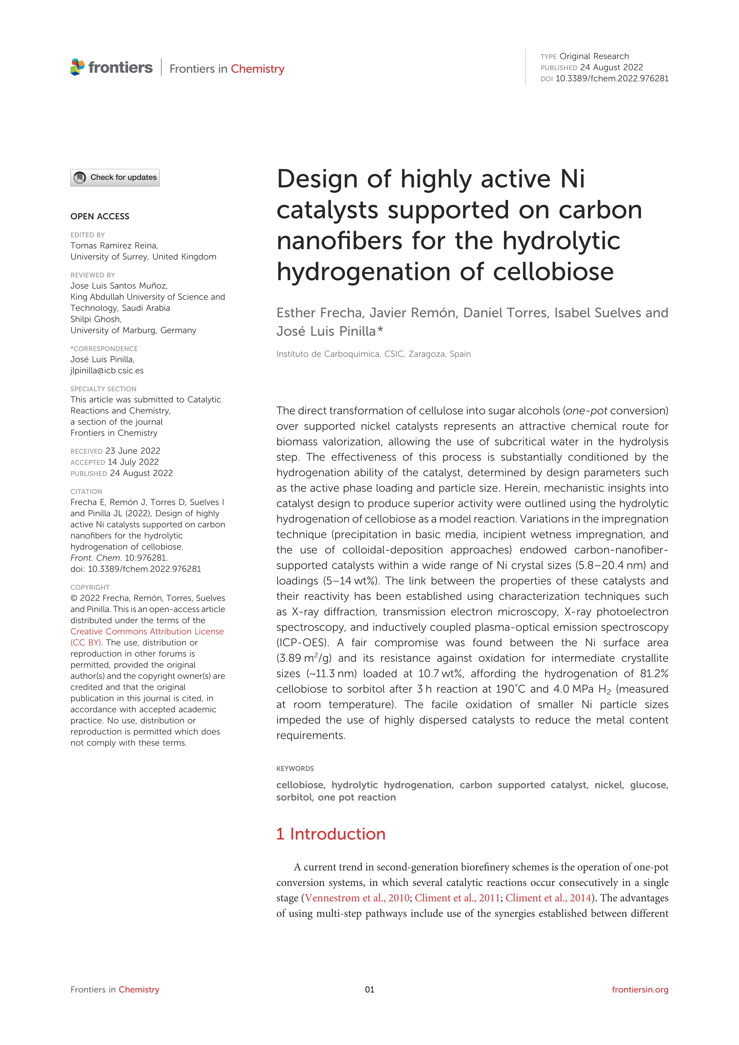 Design of highly active Ni catalysts supported on carbon nanofibers for the hydrolytic hydrogenation of cellobiose