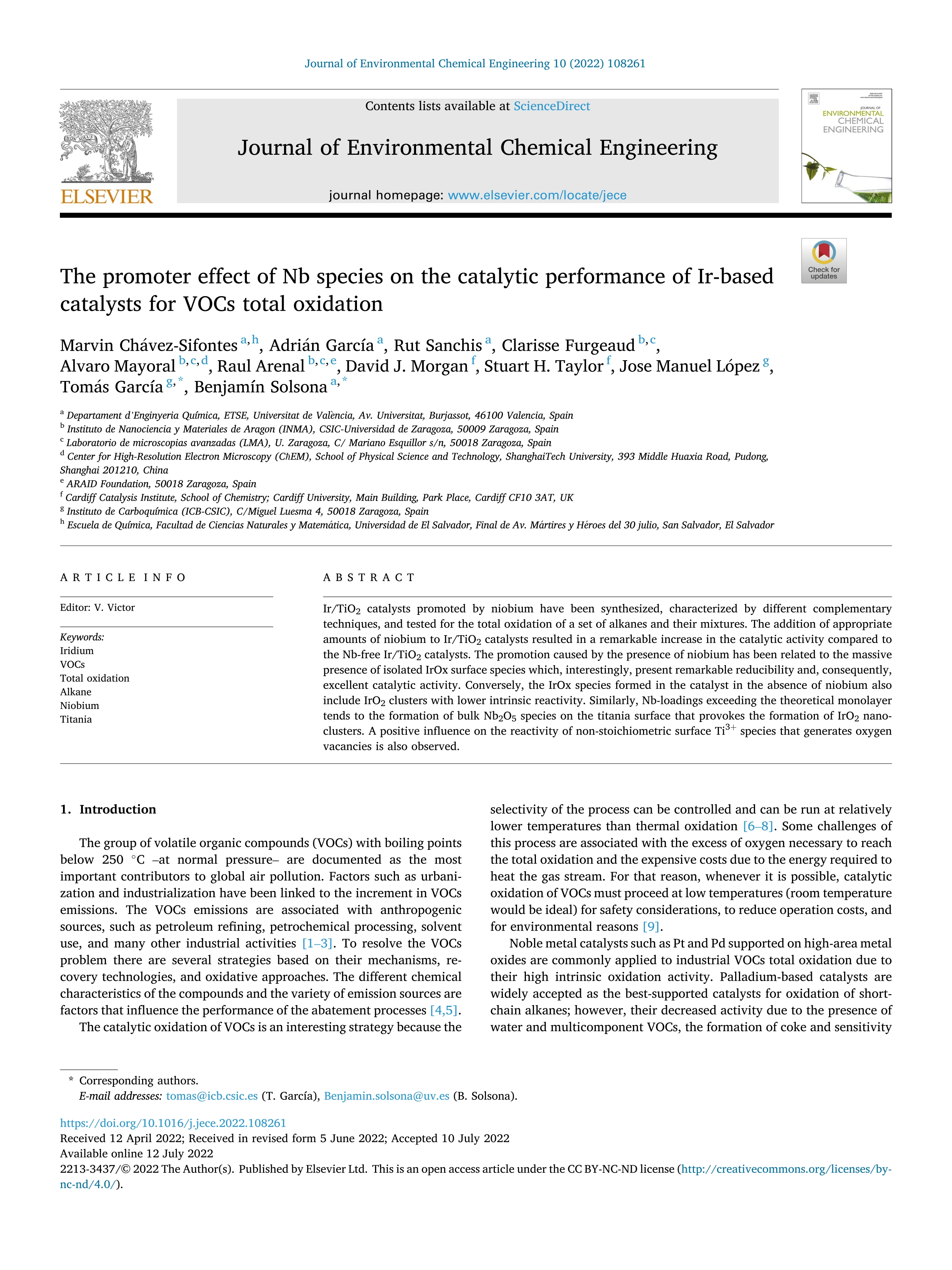 The promoter effect of Nb species on the catalytic performance of Ir-based catalysts for VOCs total oxidation