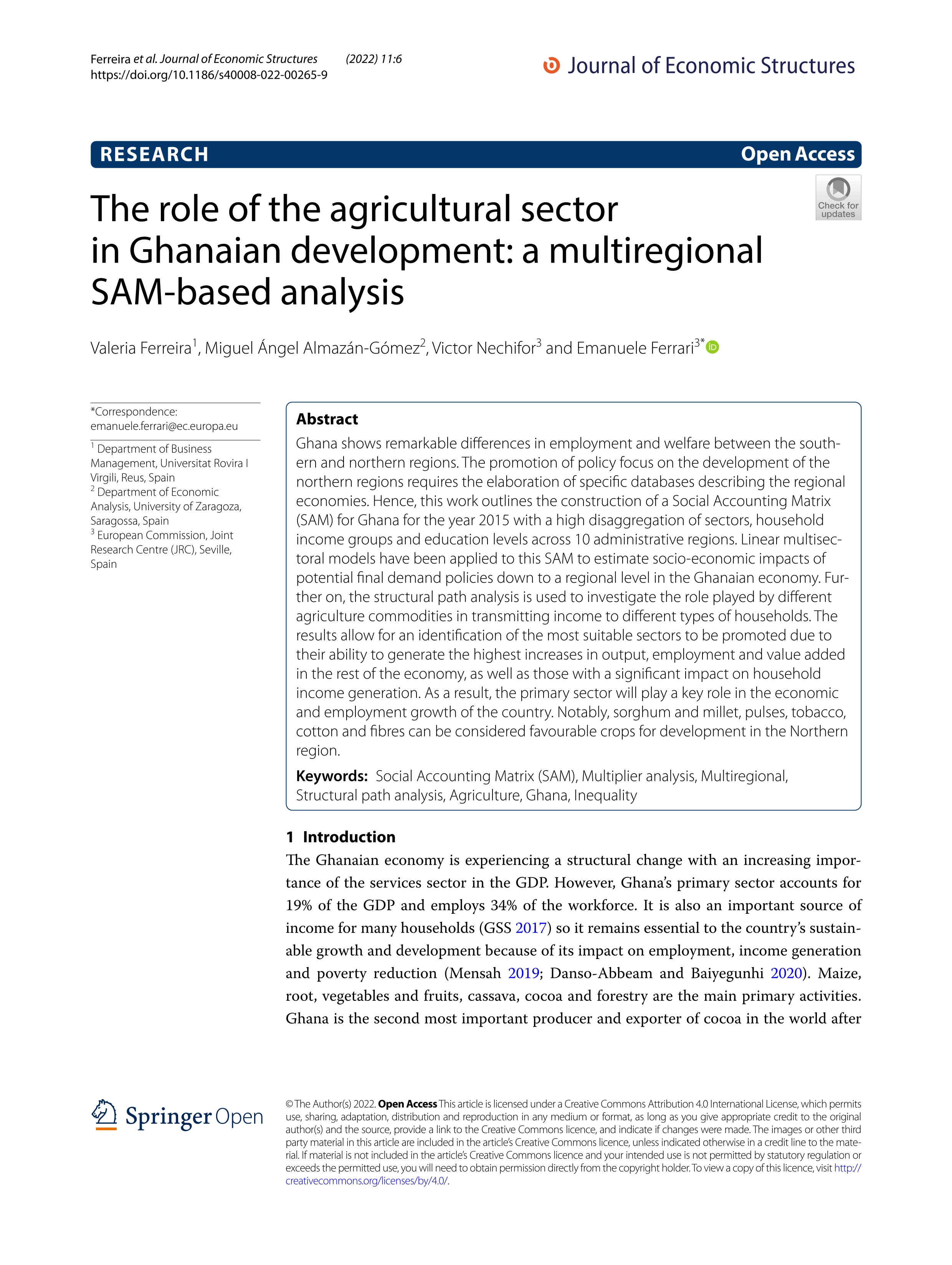 The role of the agricultural sector in Ghanaian development: a multiregional SAM-based analysis