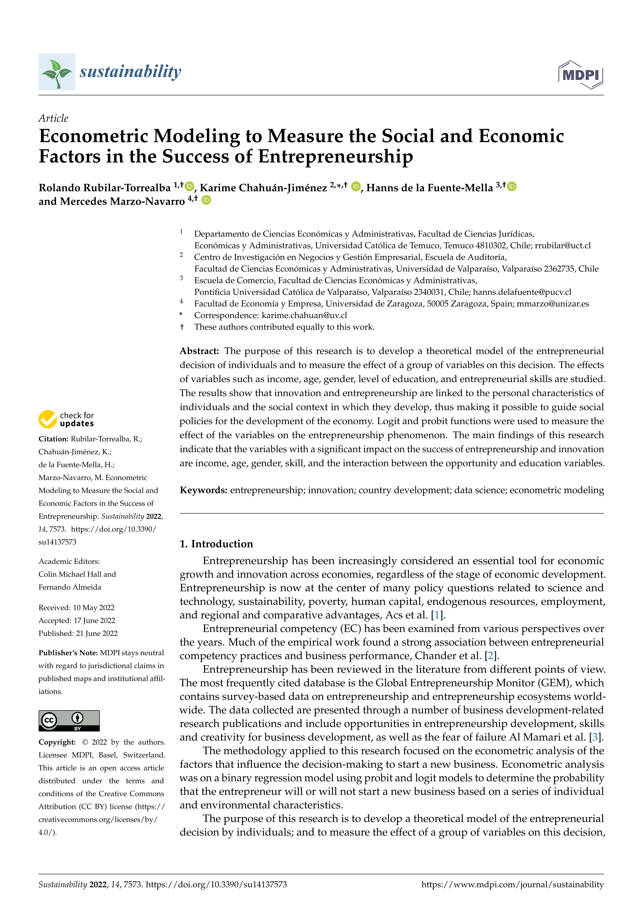 Econometric Modeling to Measure the Social and Economic Factors in the Success of Entrepreneurship