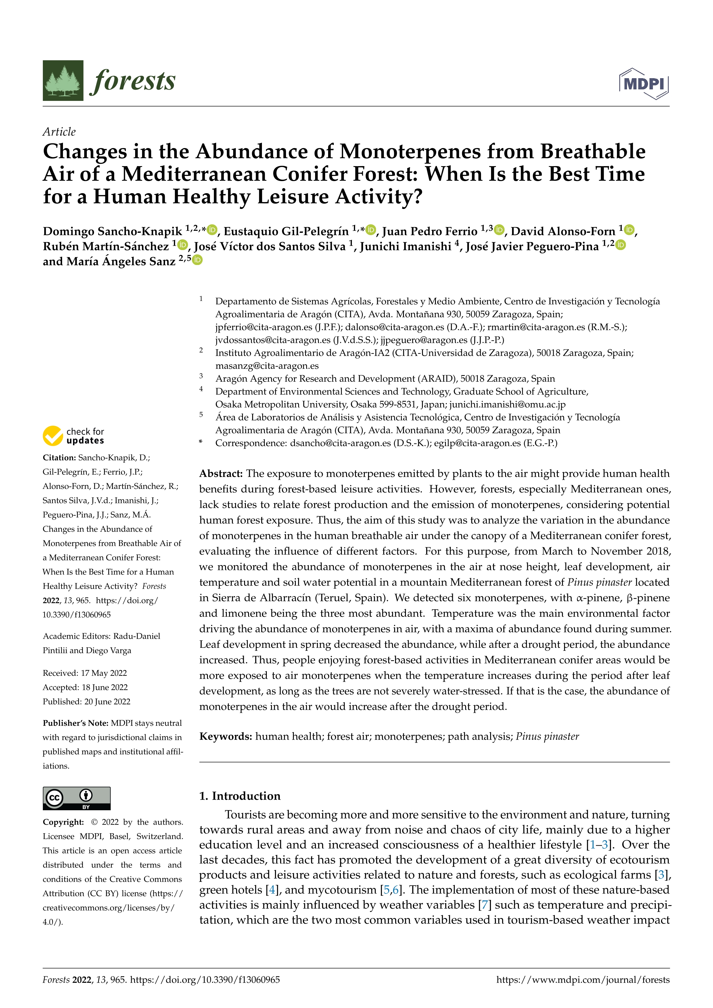 Changes in the abundance of monoterpenes from breathable air of a Mediterranean conifer forest: When Is the best time for a human healthy leisure activity?