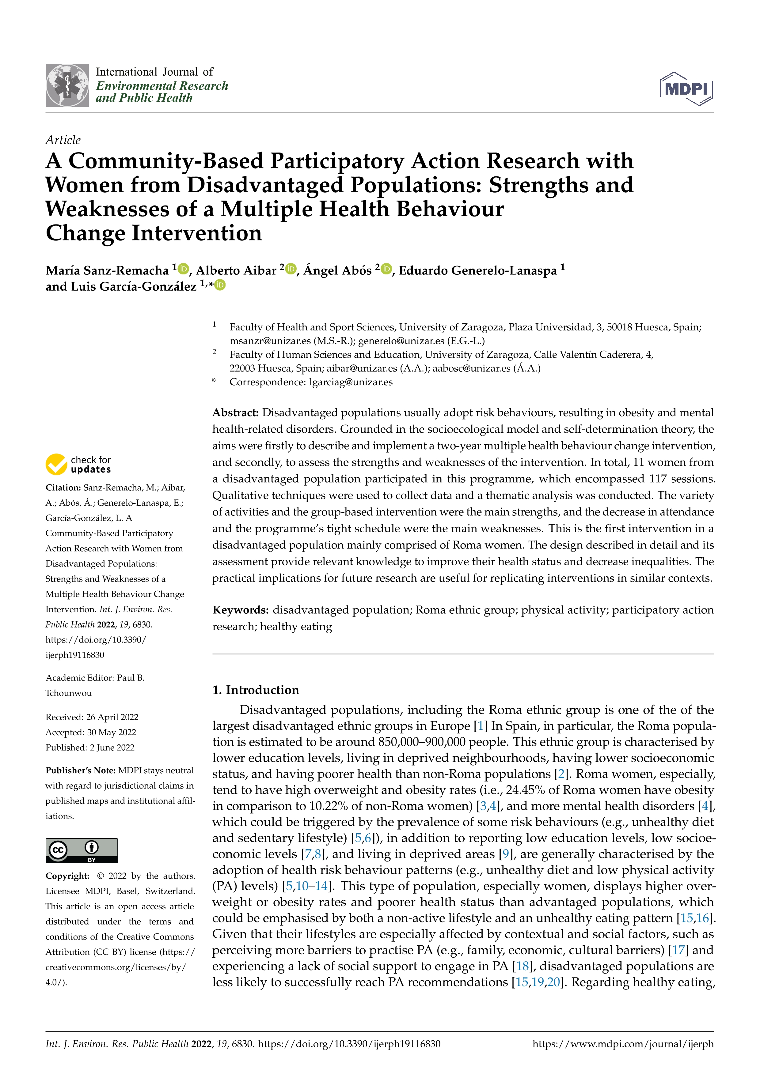 A Community-Based Participatory Action Research with Women from Disadvantaged Populations: Strengths and Weaknesses of a Multiple Health Behaviour Change Intervention; 35682413