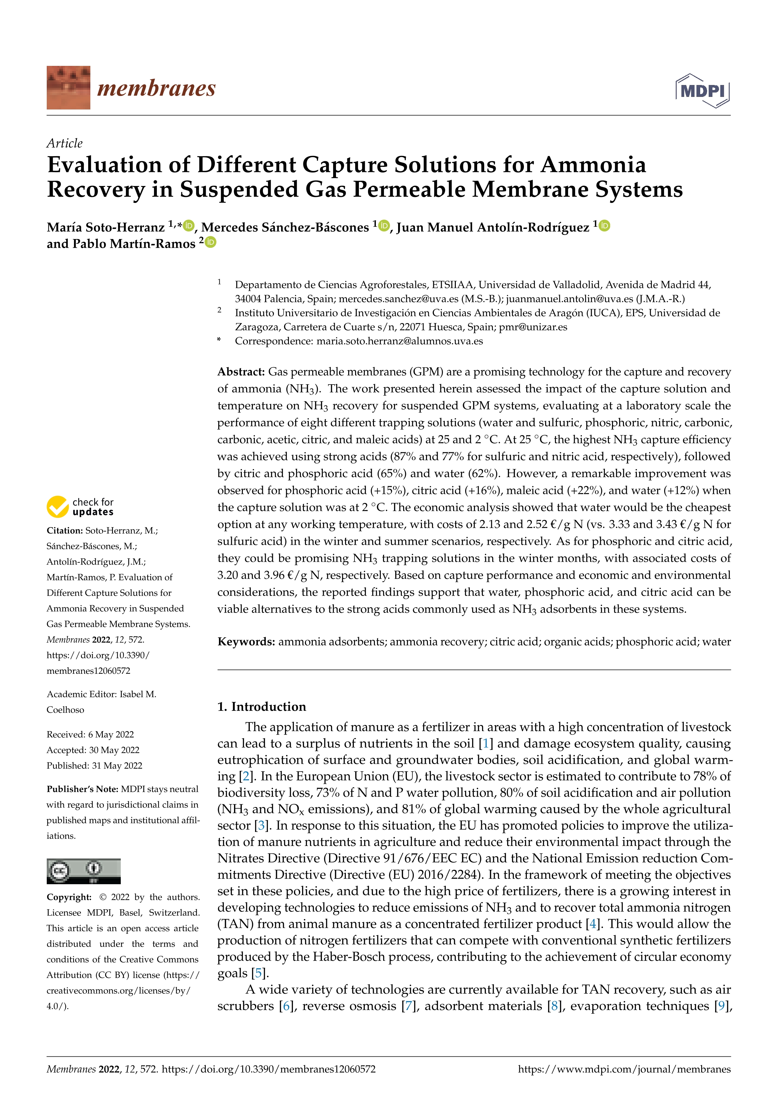 Evaluation of different capture solutions for ammonia recovery in suspended gas permeable membrane systems