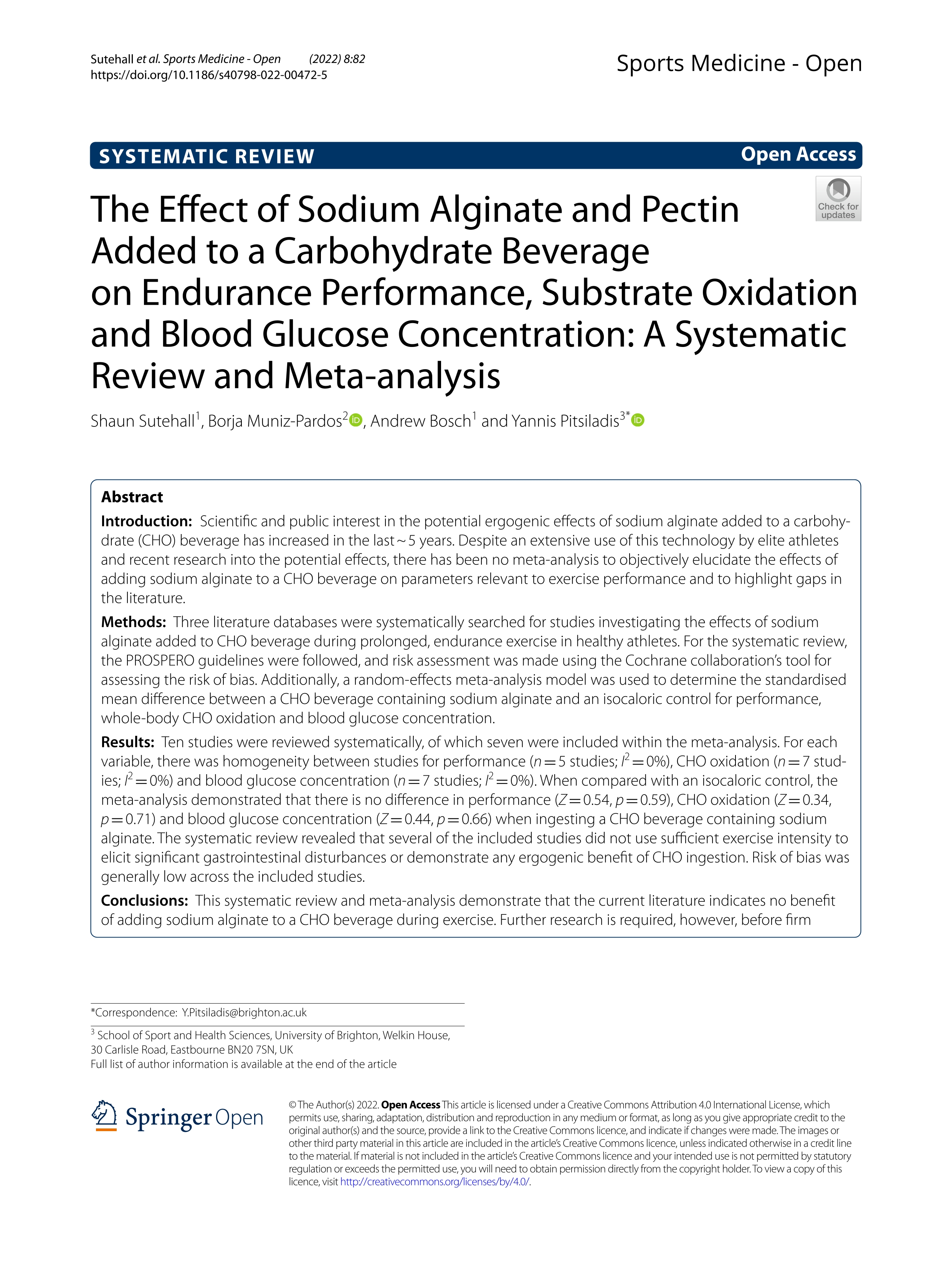 The Effect of Sodium Alginate and Pectin Added to a Carbohydrate Beverage on Endurance Performance, Substrate Oxidation and Blood Glucose Concentration: A Systematic Review and Meta-analysis