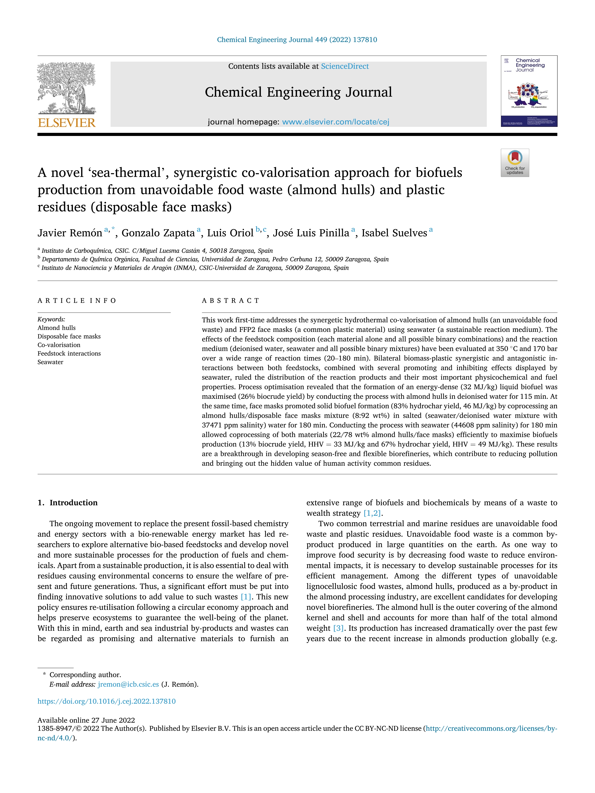 A novel ‘sea-thermal’, synergistic co-valorisation approach for biofuels production from unavoidable food waste (almond hulls) and plastic residues (disposable face masks)