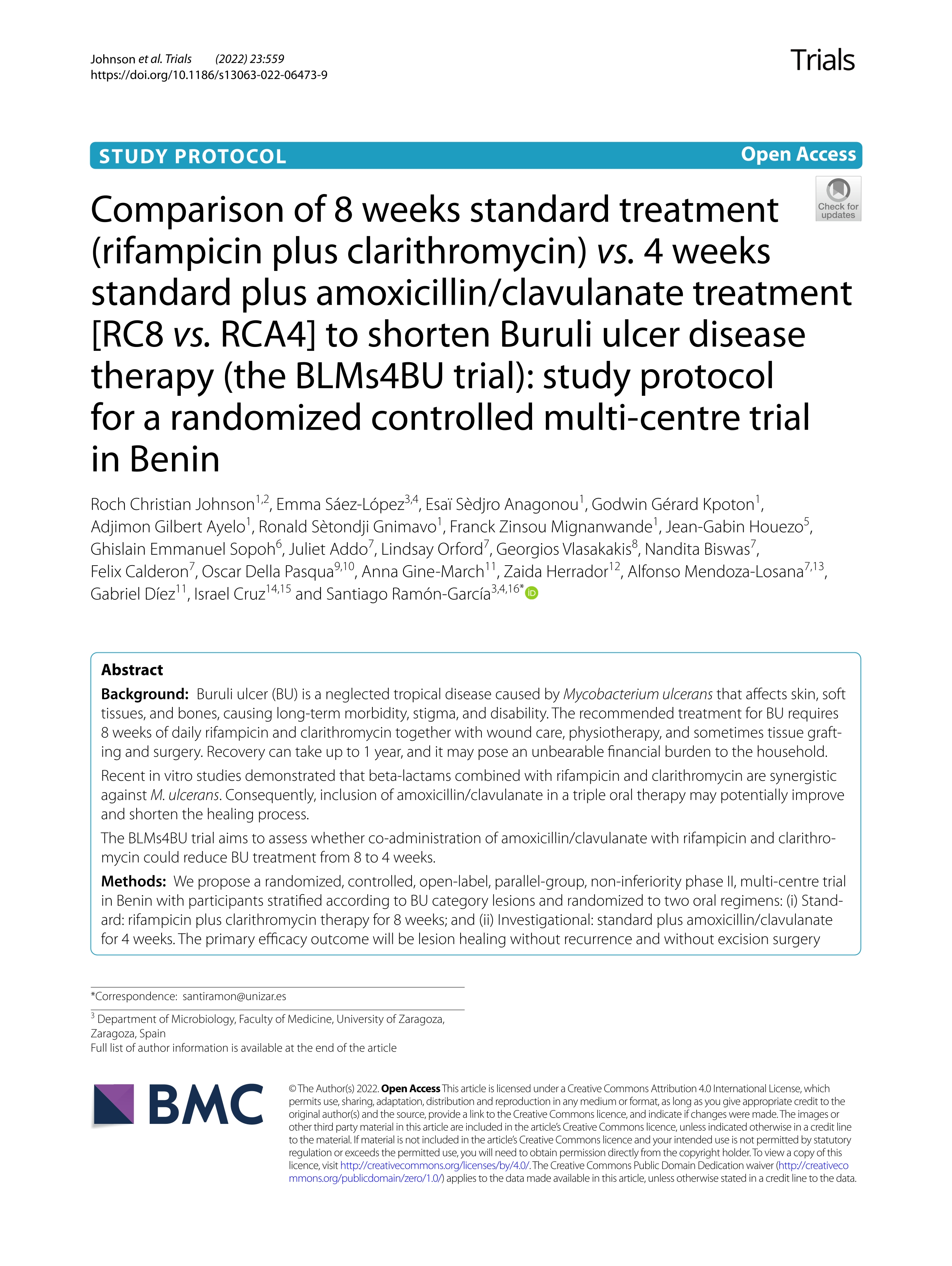 Comparison of 8 weeks standard treatment (rifampicin plus clarithromycin) vs. 4 weeks standard plus amoxicillin/clavulanate treatment [RC8 vs. RCA4] to shorten Buruli ulcer disease therapy (the BLMs4BU trial): study protocol for a randomized controlled multi-centre trial in Benin