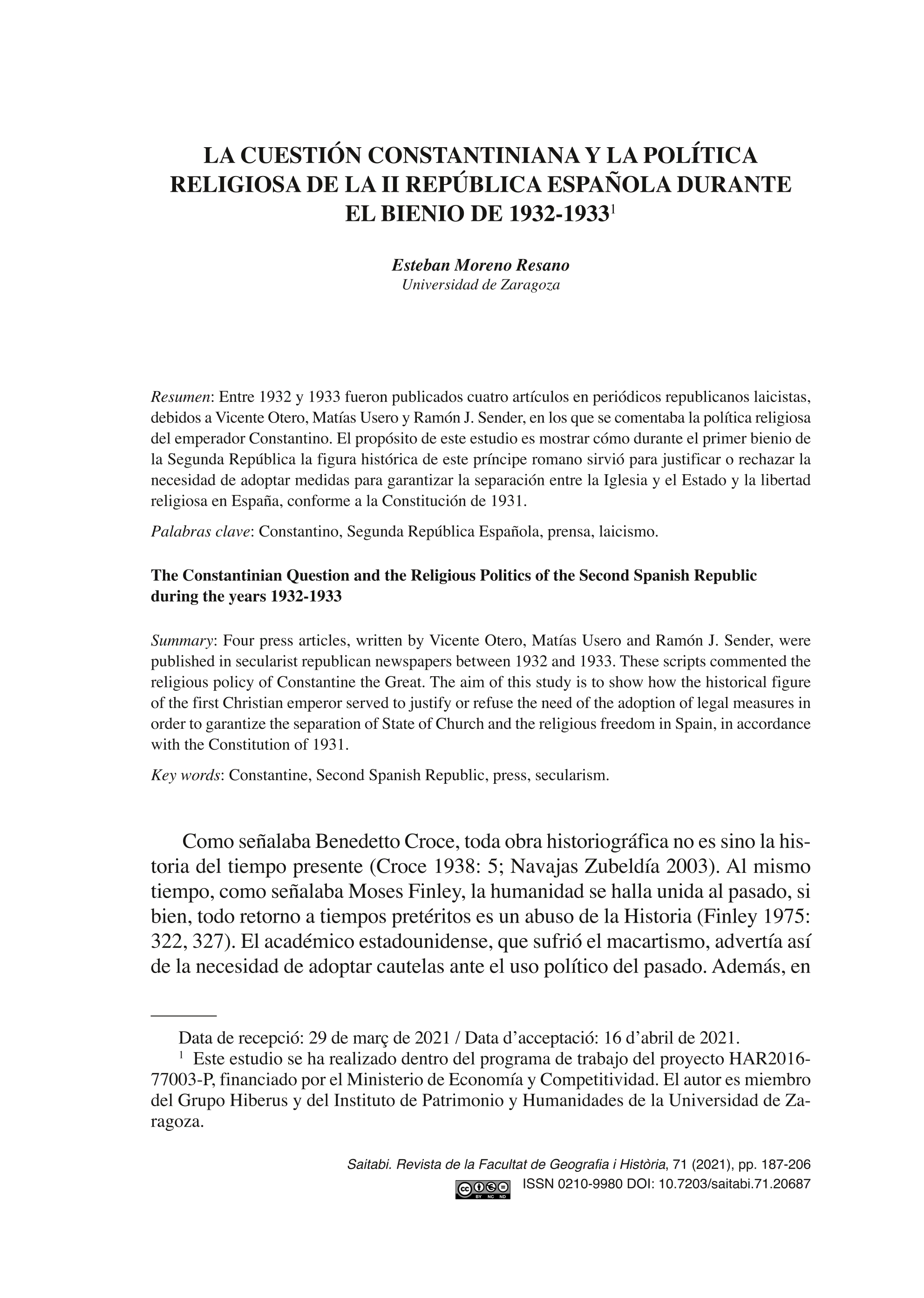 La cuestión constantiniana y la política religiosa de la II República Española durante el bienio de 1932-1933