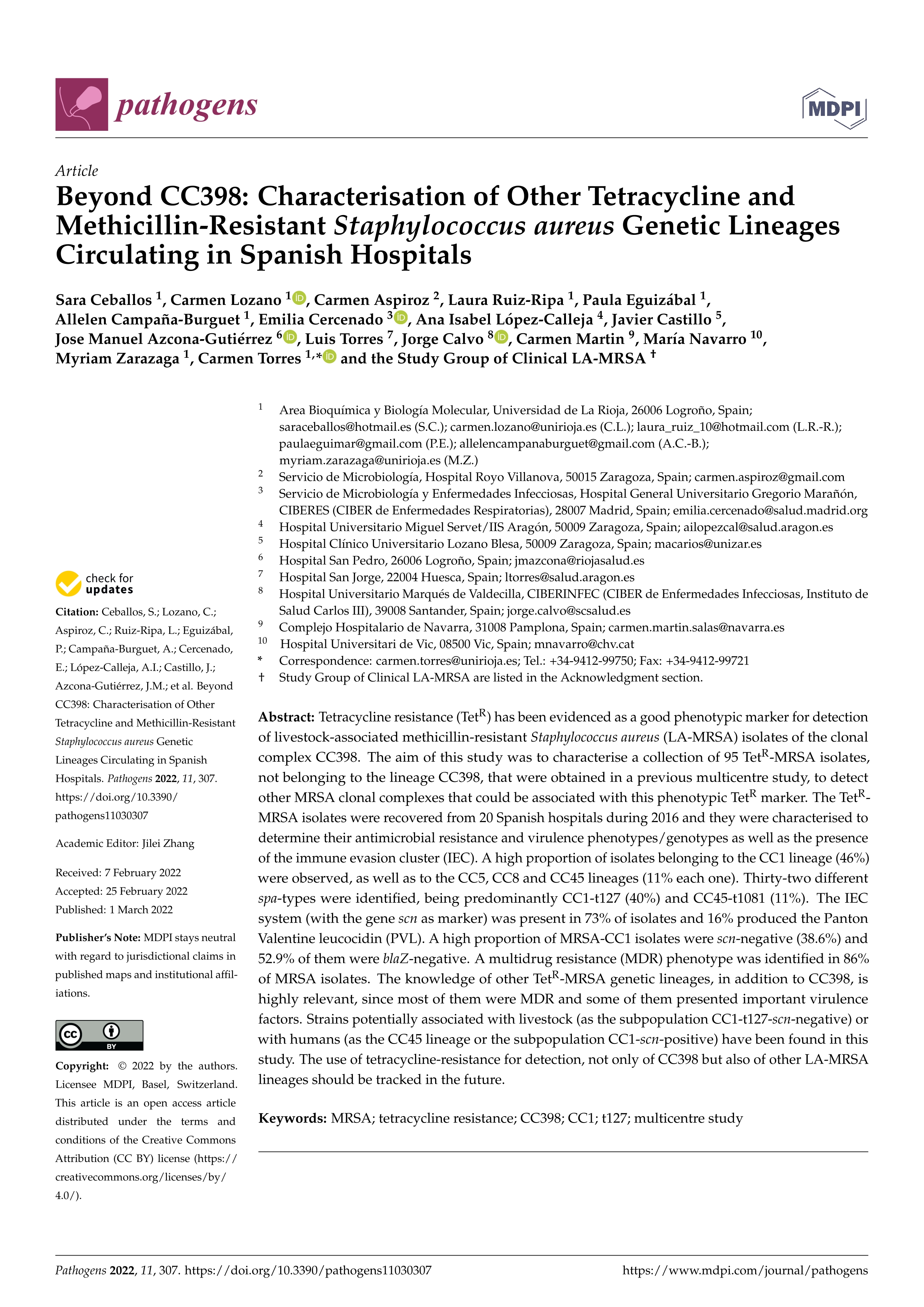 Beyond CC398: Characterisation of Other Tetracycline and Methicillin-Resistant Staphylococcus aureus Genetic Lineages Circulating in Spanish Hospitals