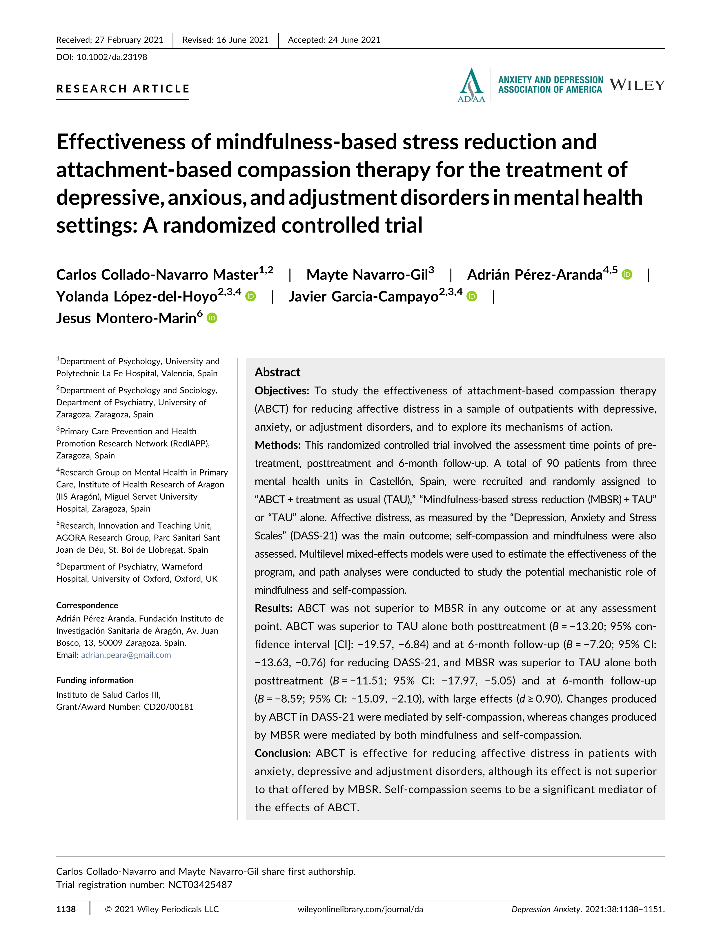 Effectiveness of mindfulness-based stress reduction and attachment-based compassion therapy for the treatment of depressive, anxious, and adjustment disorders in mental health settings: A randomized controlled trial