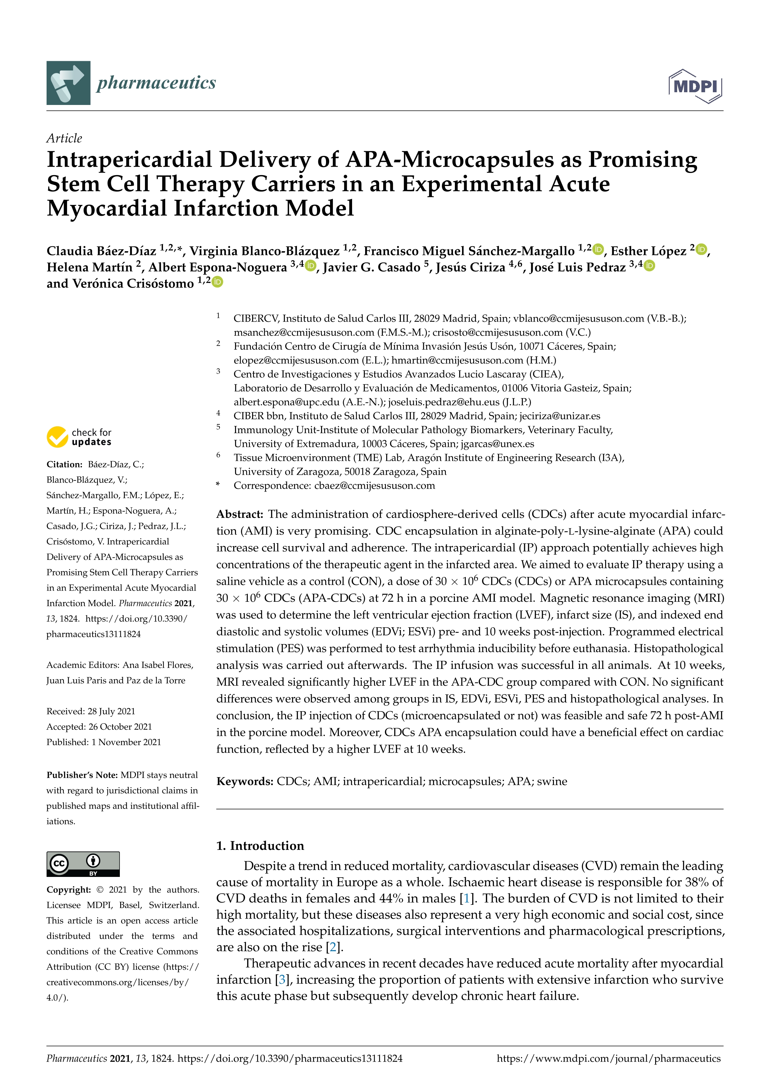 Intrapericardial delivery of apa-microcapsules as promising stem cell therapy carriers in an experimental acute myocardial infarction model