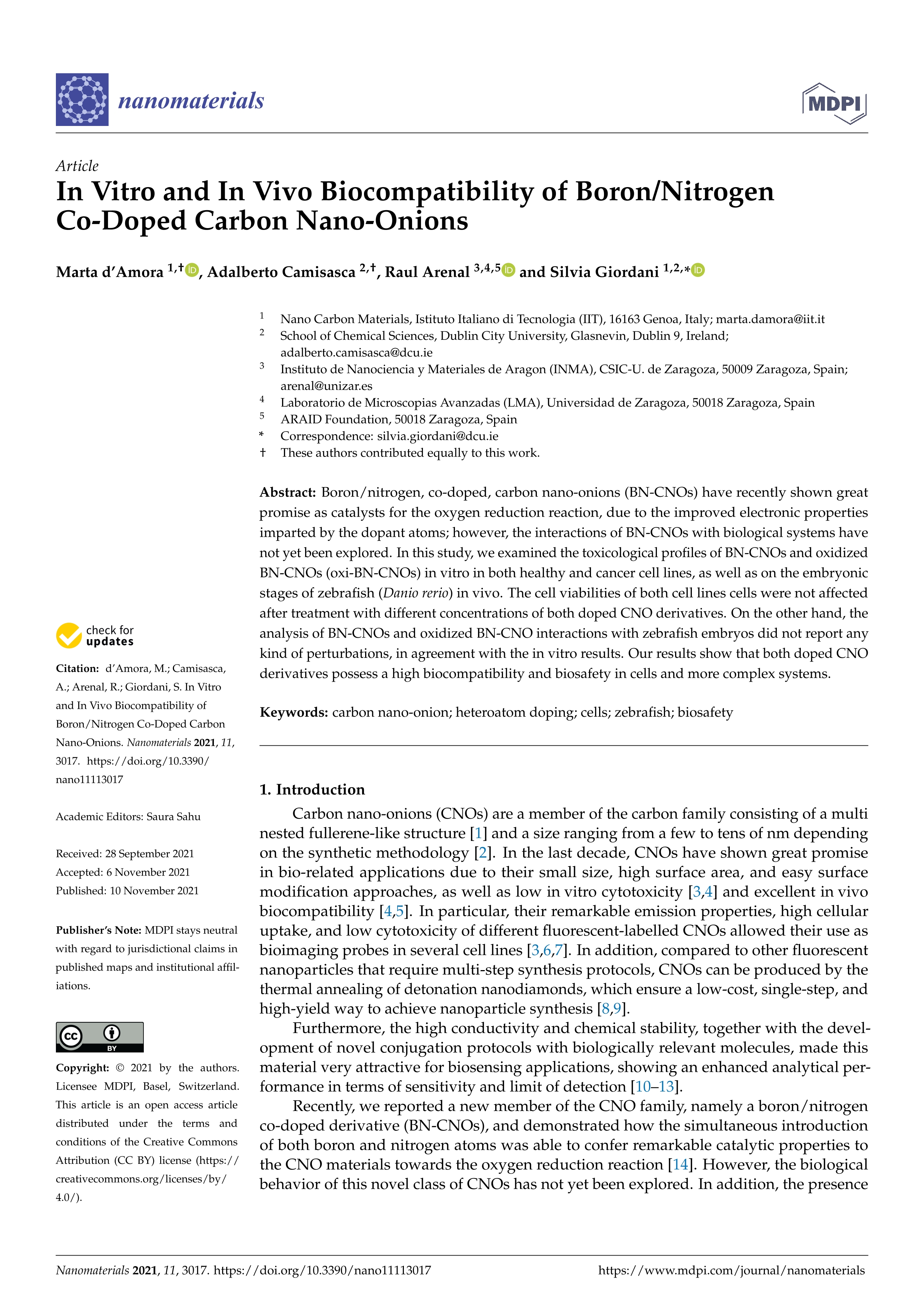 In vitro and in vivo biocompatibility of boron/nitrogen co-doped carbon nano-onions