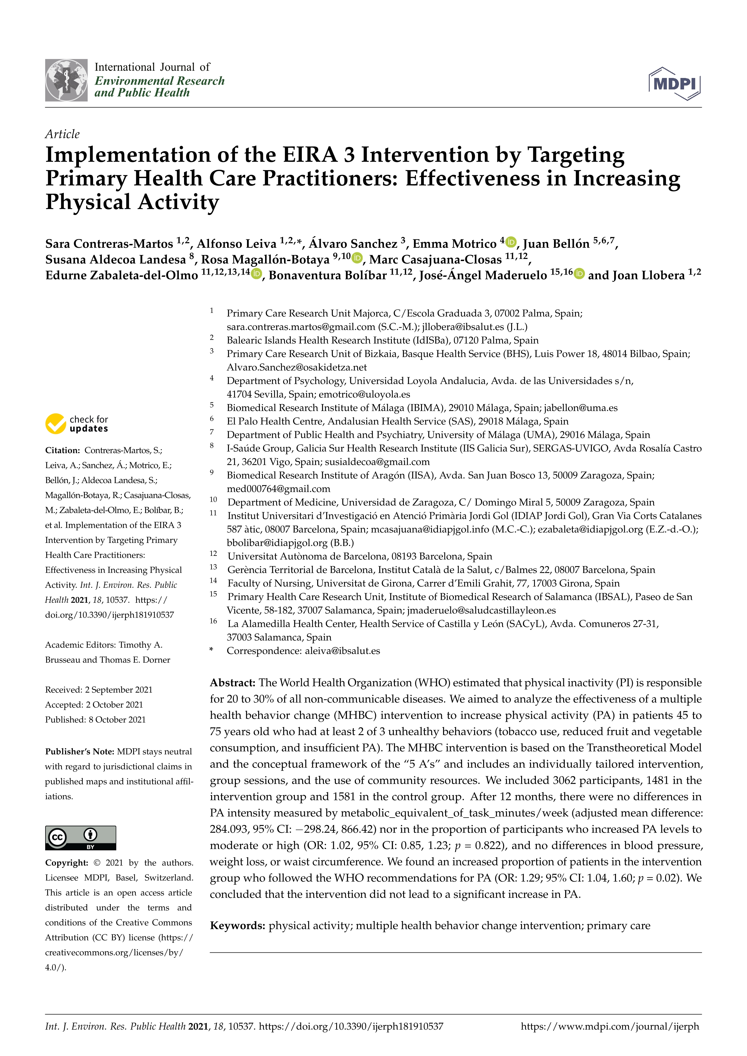 Implementation of the eira 3 intervention by targeting primary health care practitioners: Effectiveness in increasing physical activity