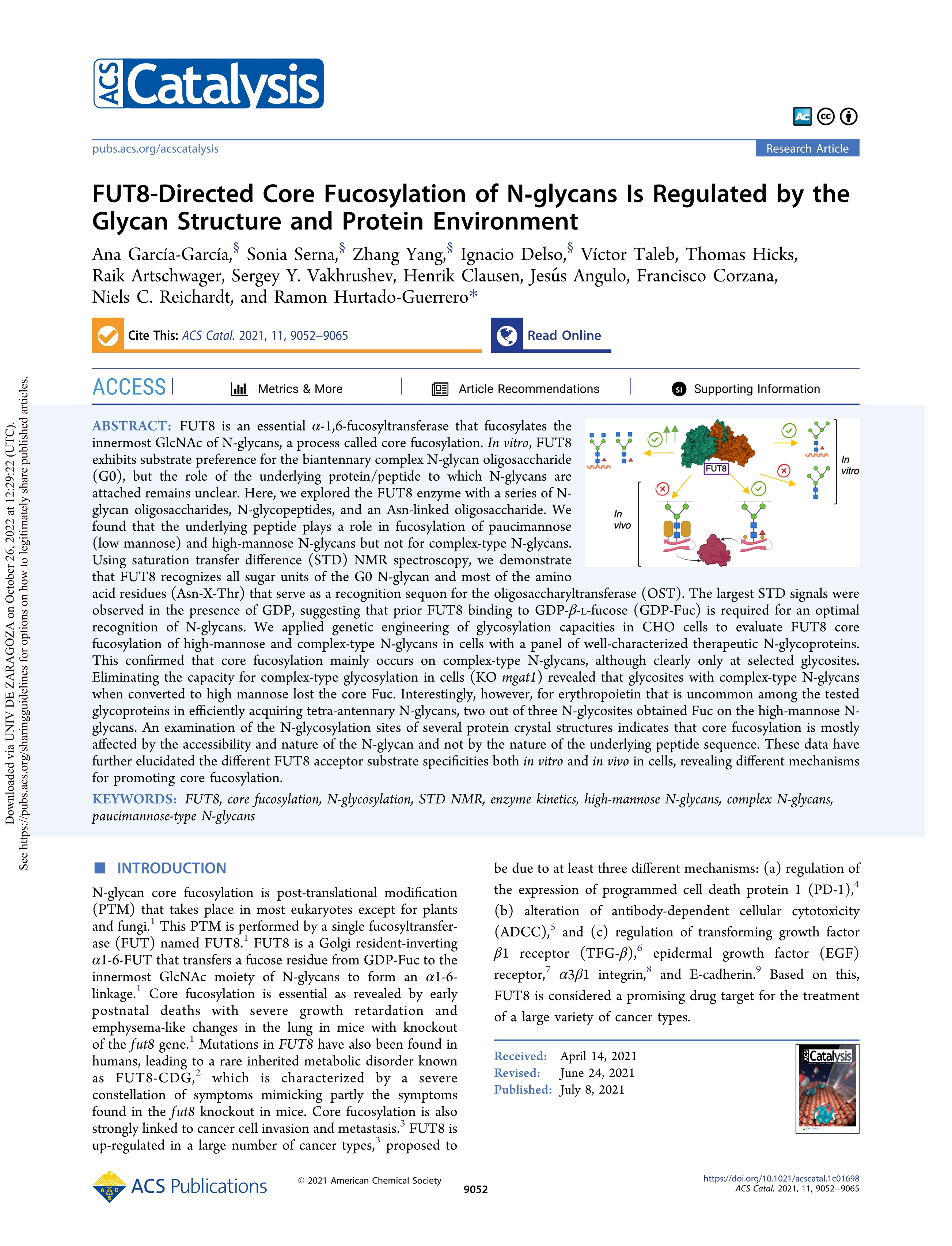 FUT8-directed core fucosylation of N-glycans is regulated by the glycan structure and protein environment