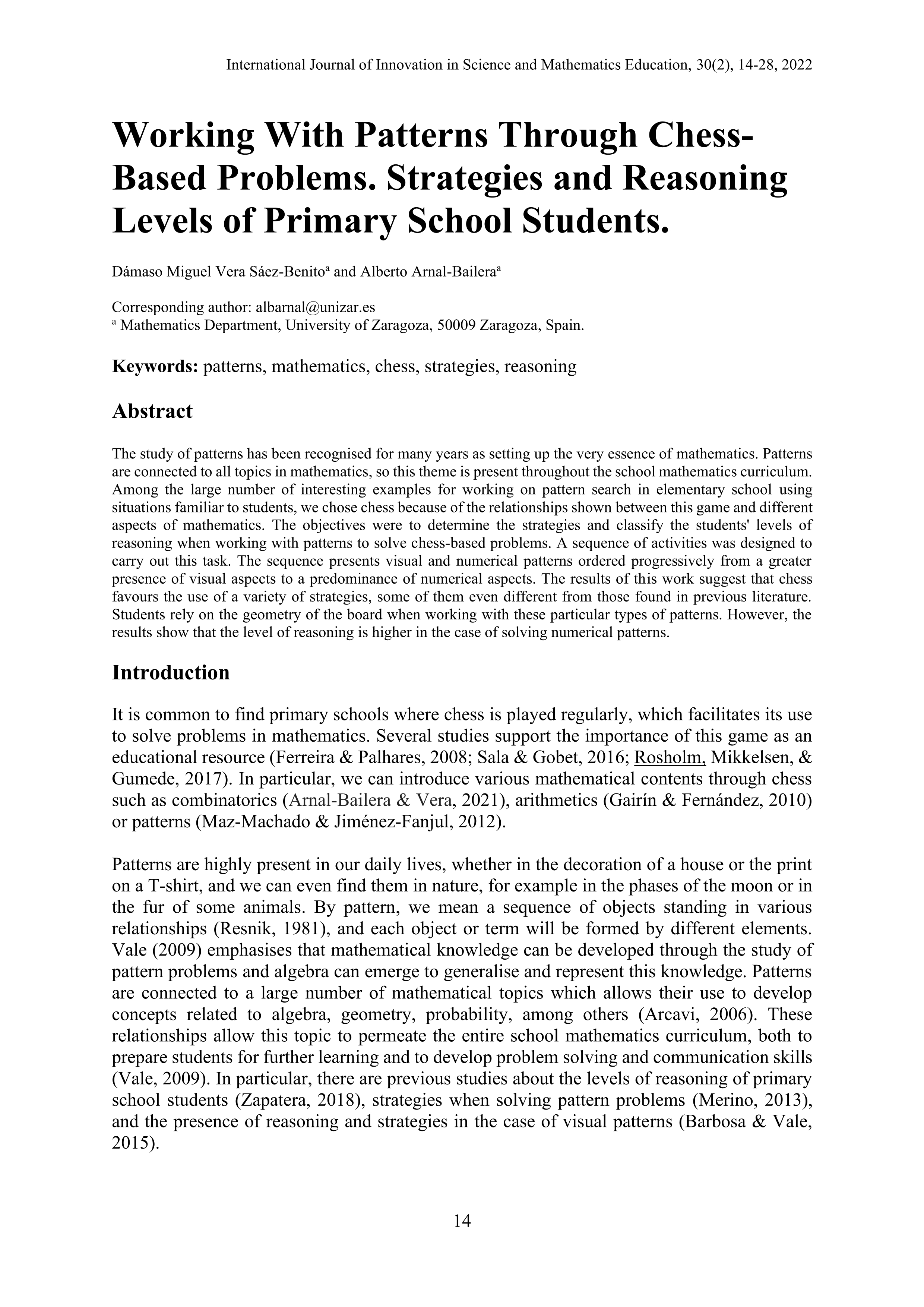 Working with patterns through chess-based problems. strategies and reasoning levels of primary school students.