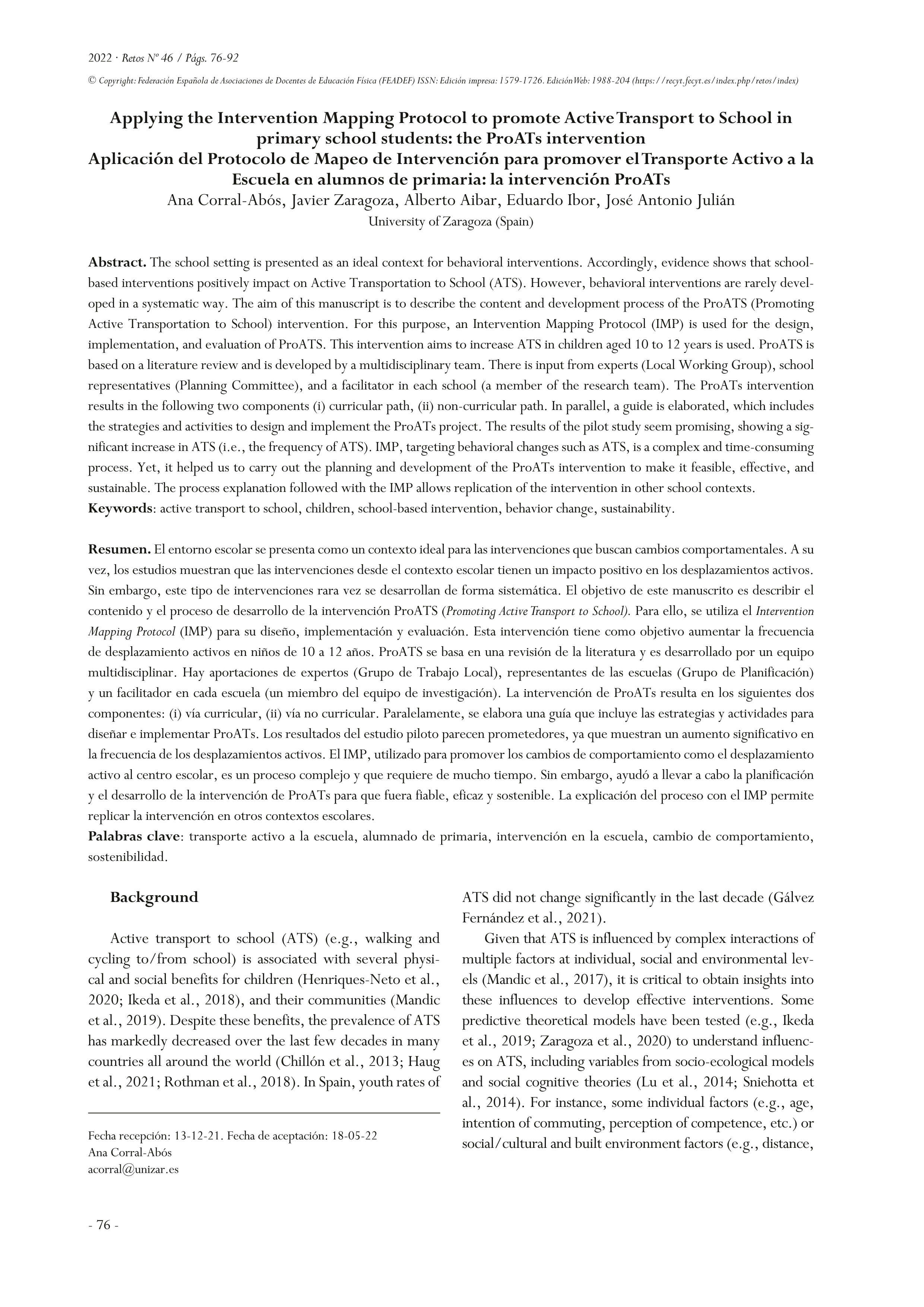 Applying the Intervention Mapping Protocol to promote Active Transport to School in primary school students: the ProATs intervention