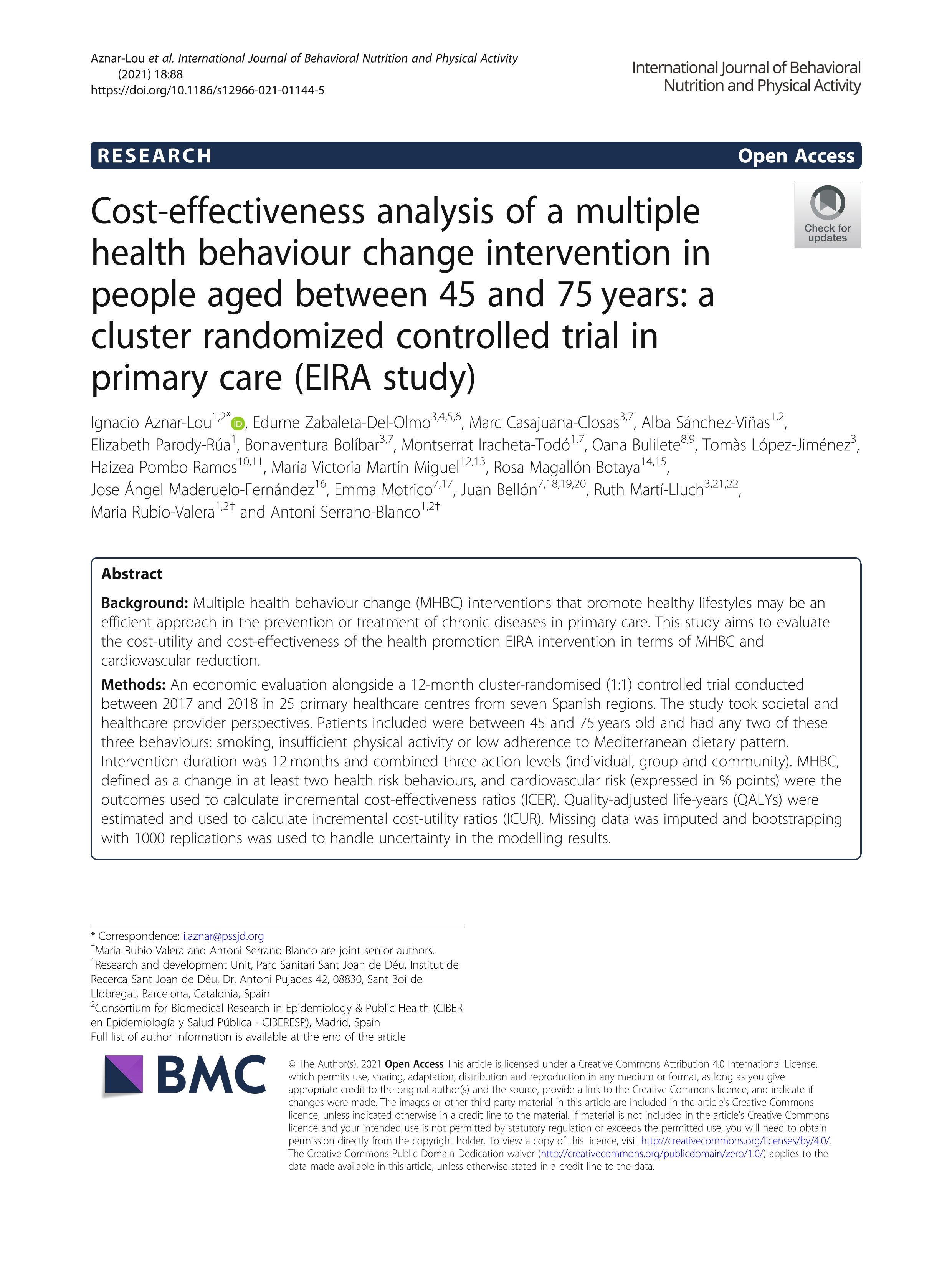 Cost-effectiveness analysis of a multiple health behaviour change intervention in people aged between 45 and 75 years: a cluster randomized controlled trial in primary care (EIRA study)