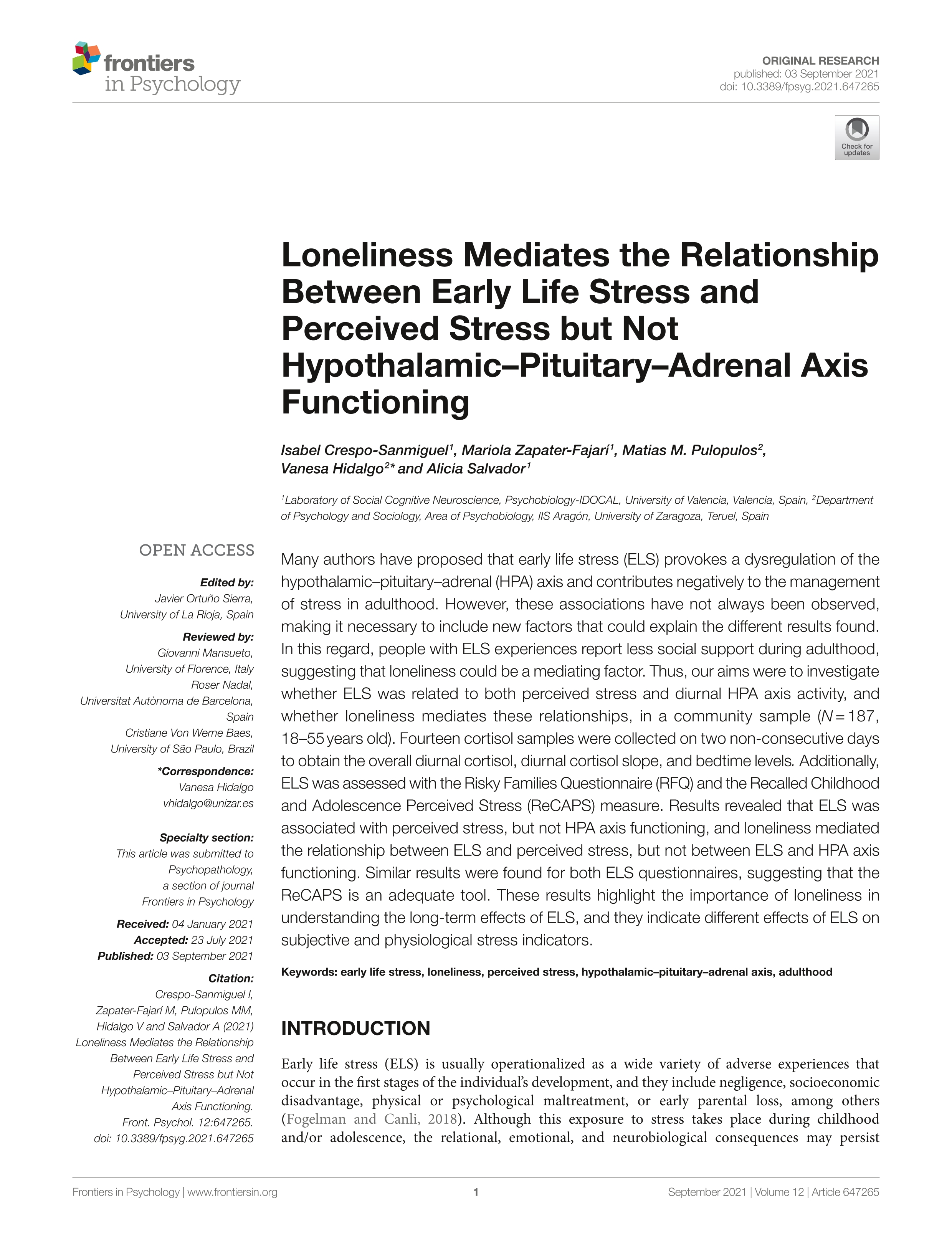 Loneliness Mediates the Relationship Between Early Life Stress and Perceived Stress but not Hypothalamic-Pituitary-Adrenal Axis Functioning