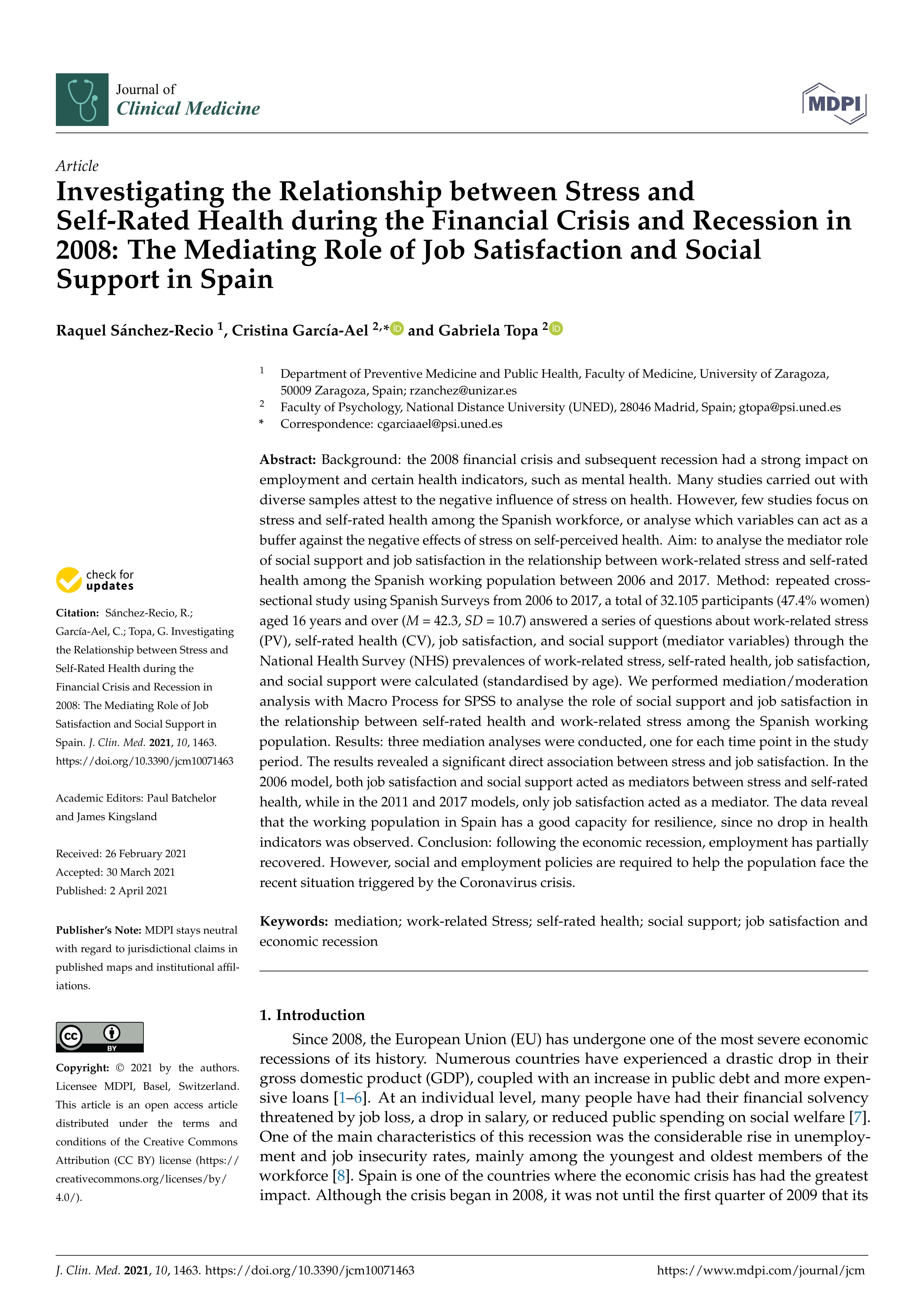 Investigating the relationship between stress and self-rated health during the financial crisis and recession in 2008: The mediating role of job satisfaction and social support in Spain