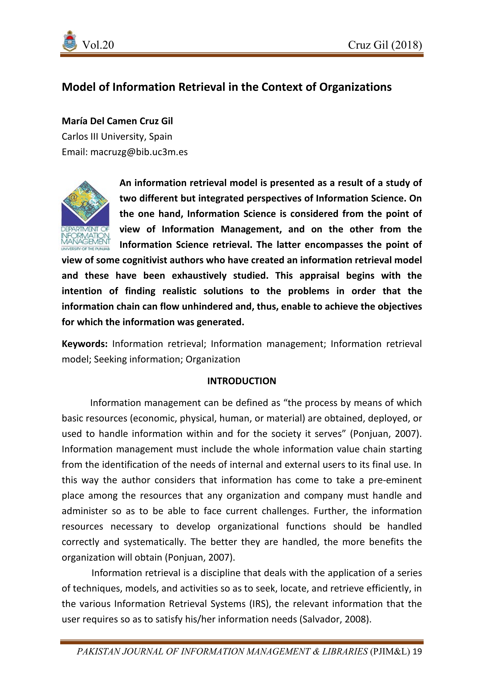 Model of Information Retrieval in the Context of Organizations