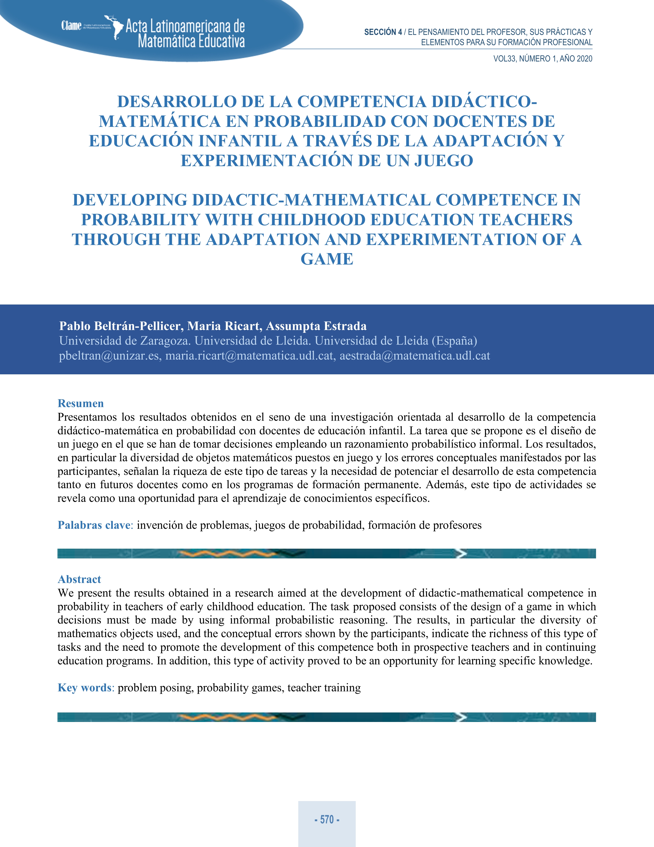 Desarrollo de la competencia didáctico-matemática en probabilidad con docentes de educación infantil a través de la adaptación y experimentación de un juego