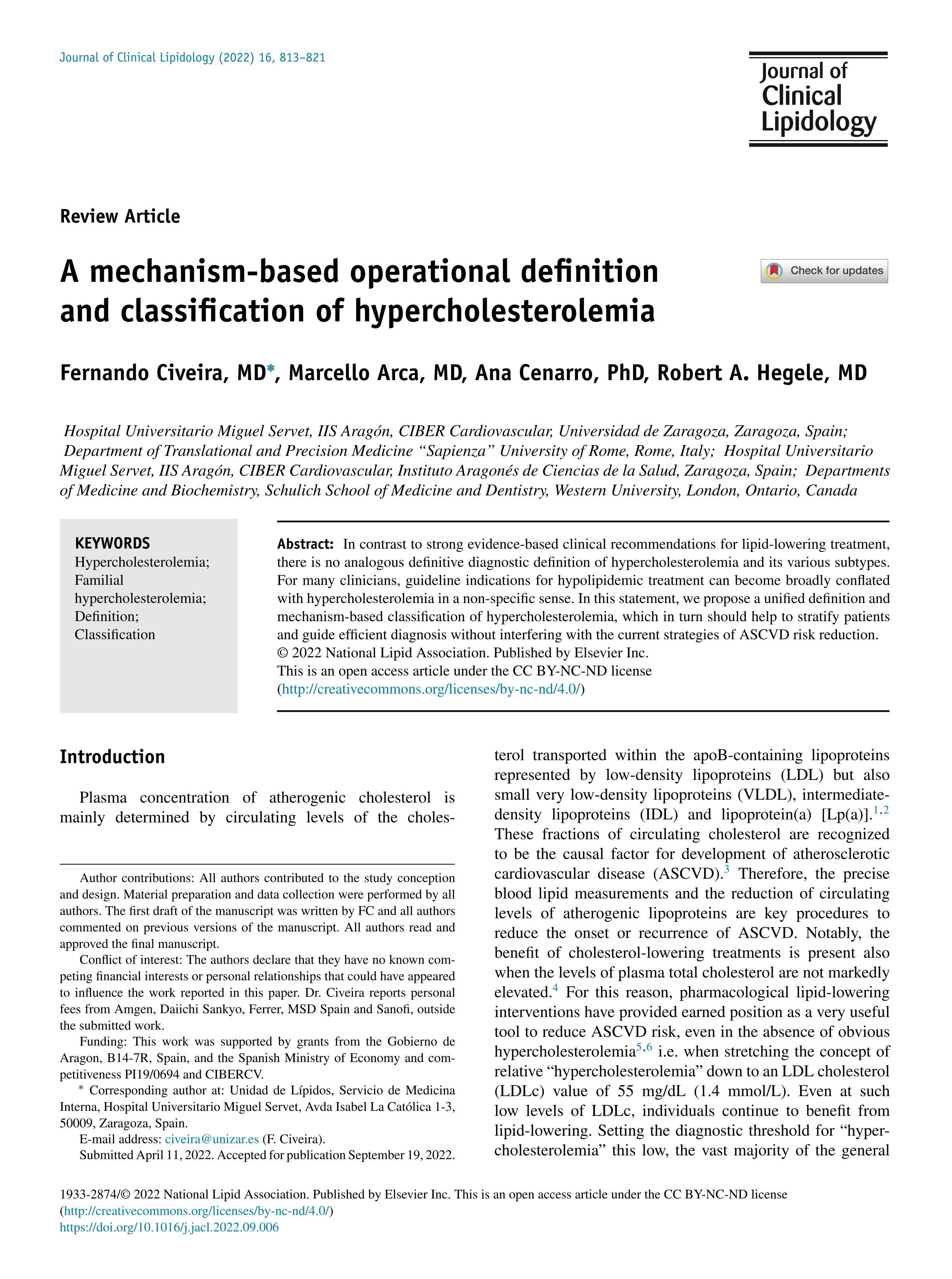 A mechanism-based operational definition and classification of hypercholesterolemia