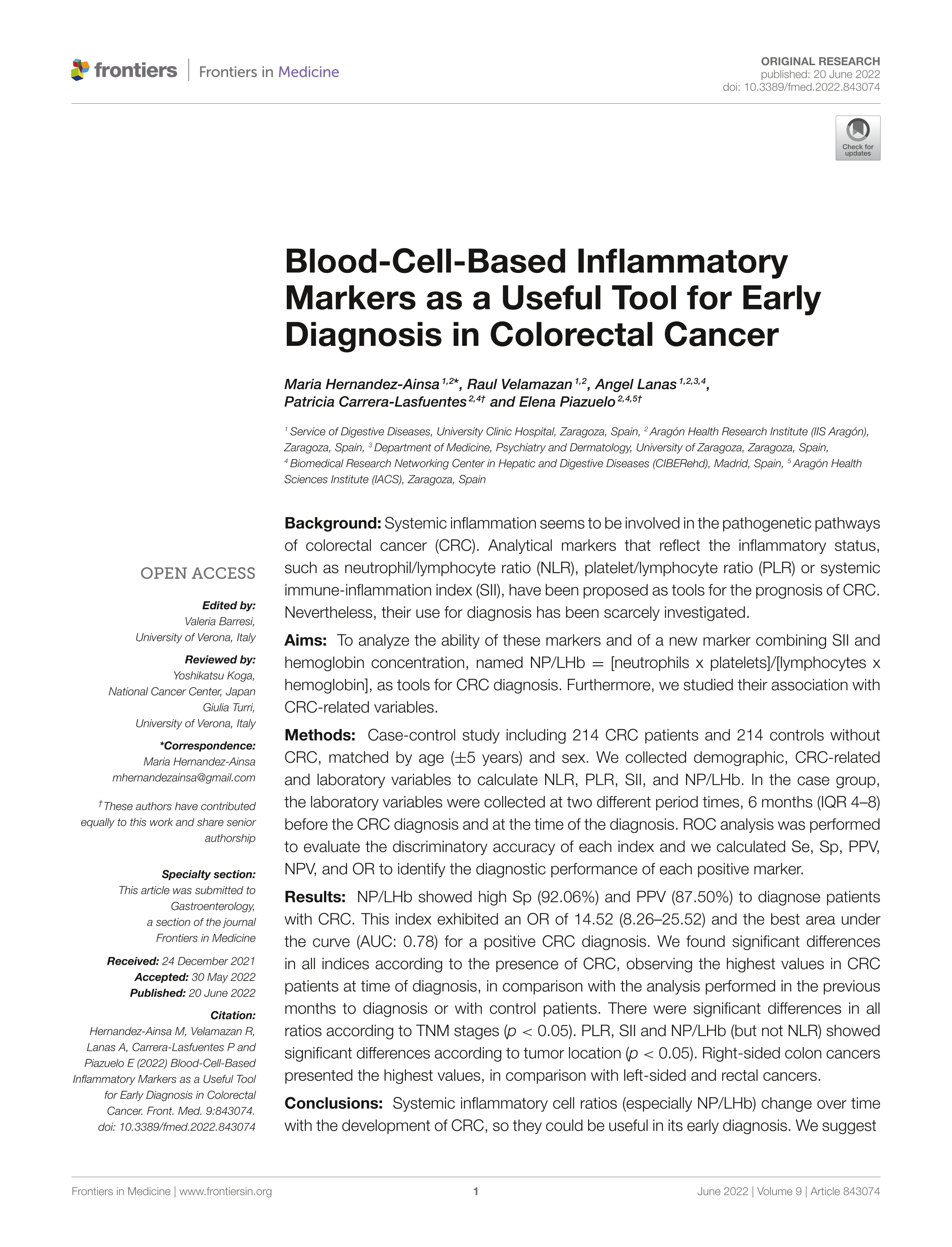 Blood-cell-based inflammatory markers as a useful tool for early diagnosis in colorectal cancer