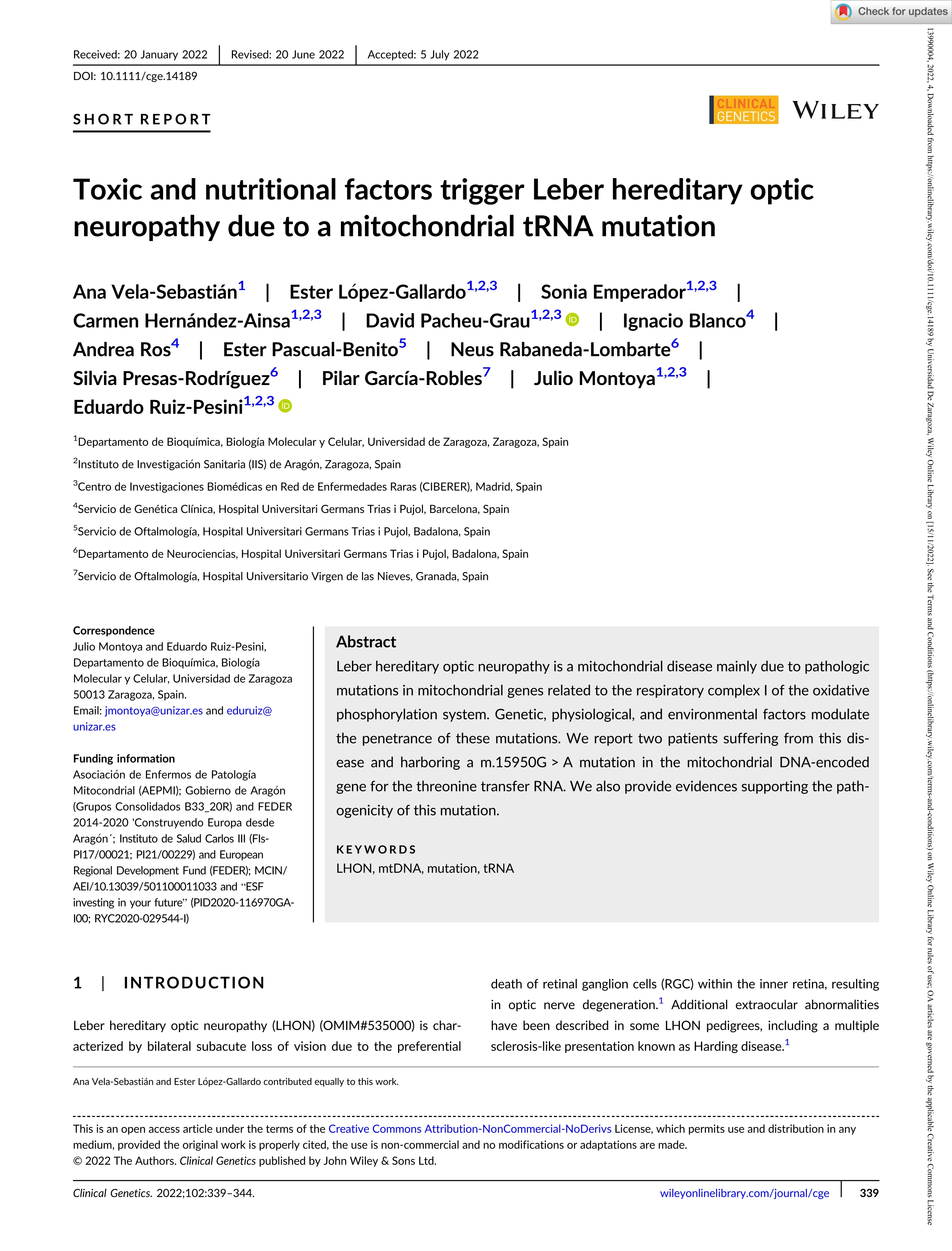 Toxic and nutritional factors trigger Leber hereditary optic neuropathy due to a mitochondrial tRNA mutation