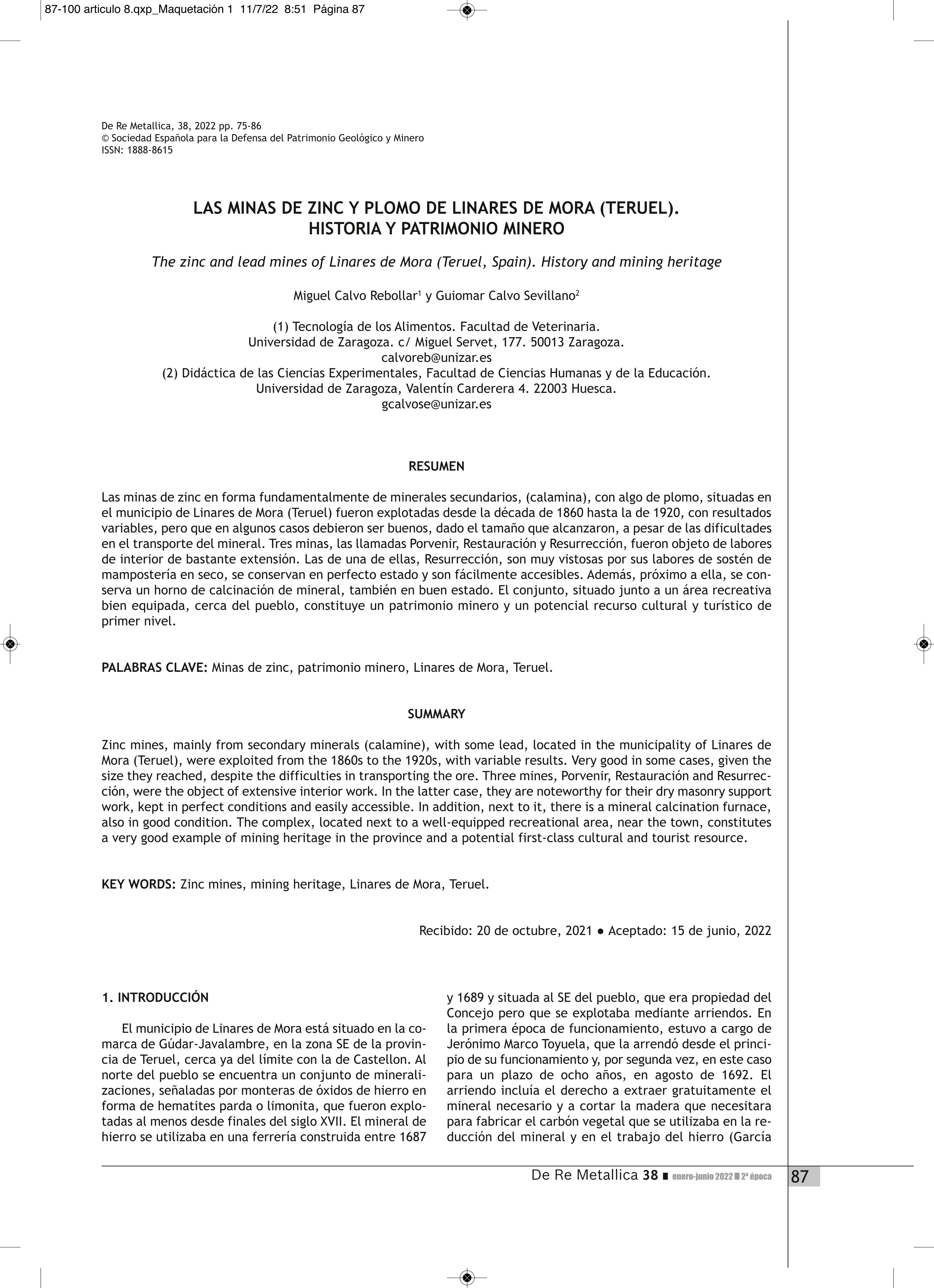 Las minas de zinc y plomo de Linares de Mora (Teruel). Historia y patrimonio minero