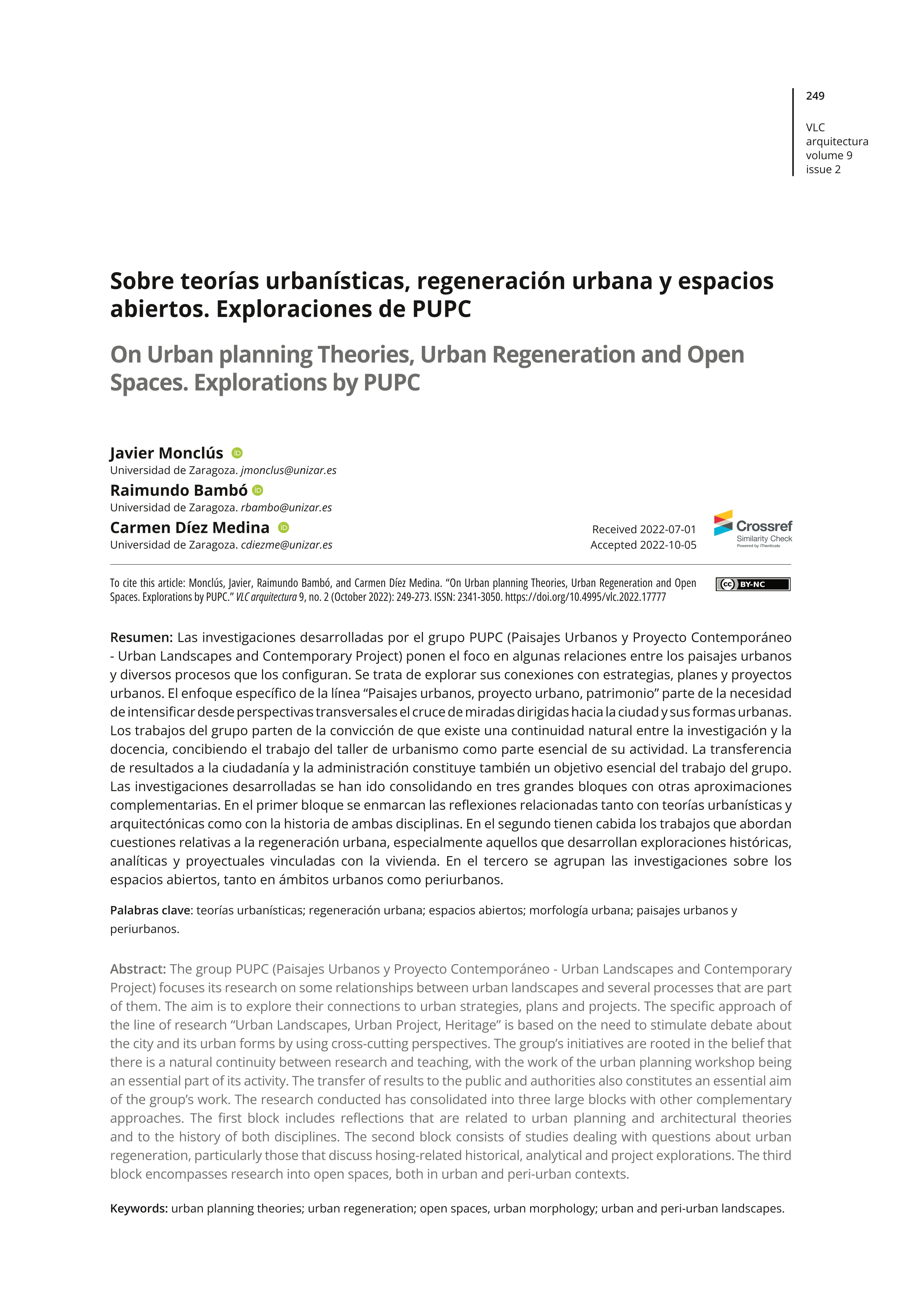 On urban planning theories, urban regeneration and open spaces. Explorations by PUPC