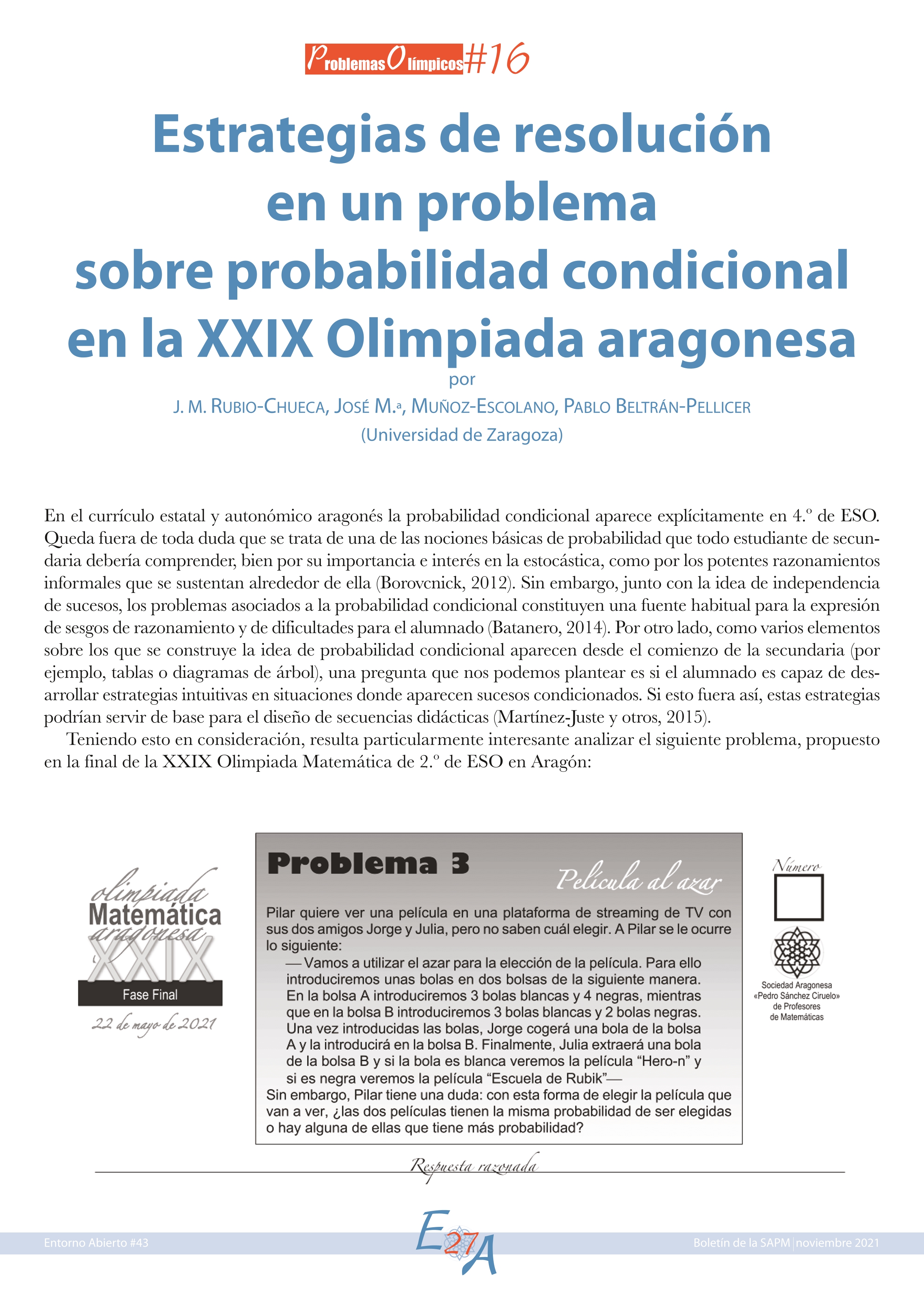 Estrategias de resolución en un problema sobre probabilidad condicional en la XXIX Olimpiada aragonesa