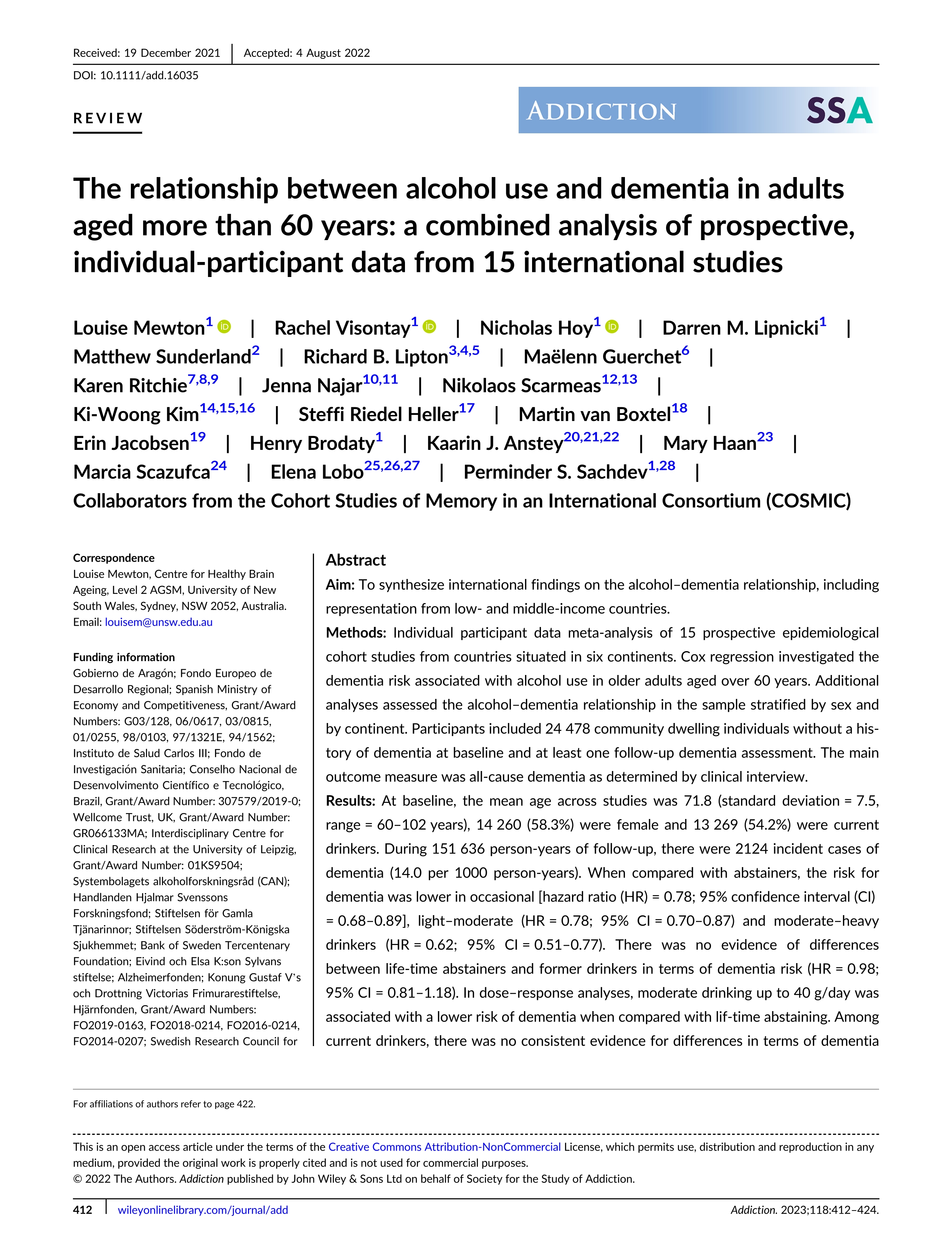 The relationship between alcohol use and dementia in adults aged more than 60 years: a combined analysis of prospective, individual-participant data from 15 international studies