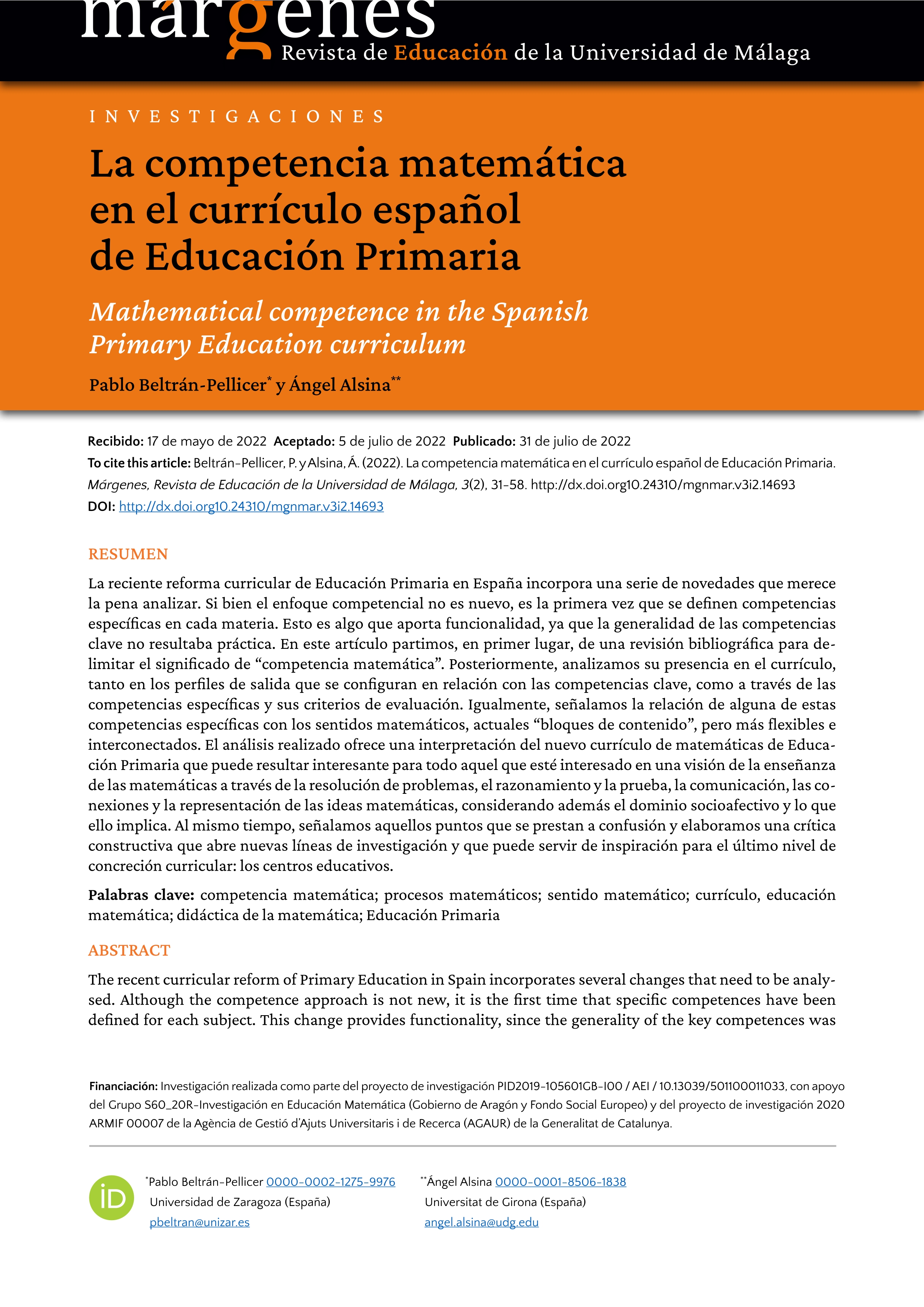 La competencia matemática en el currículo español de Educación Primaria