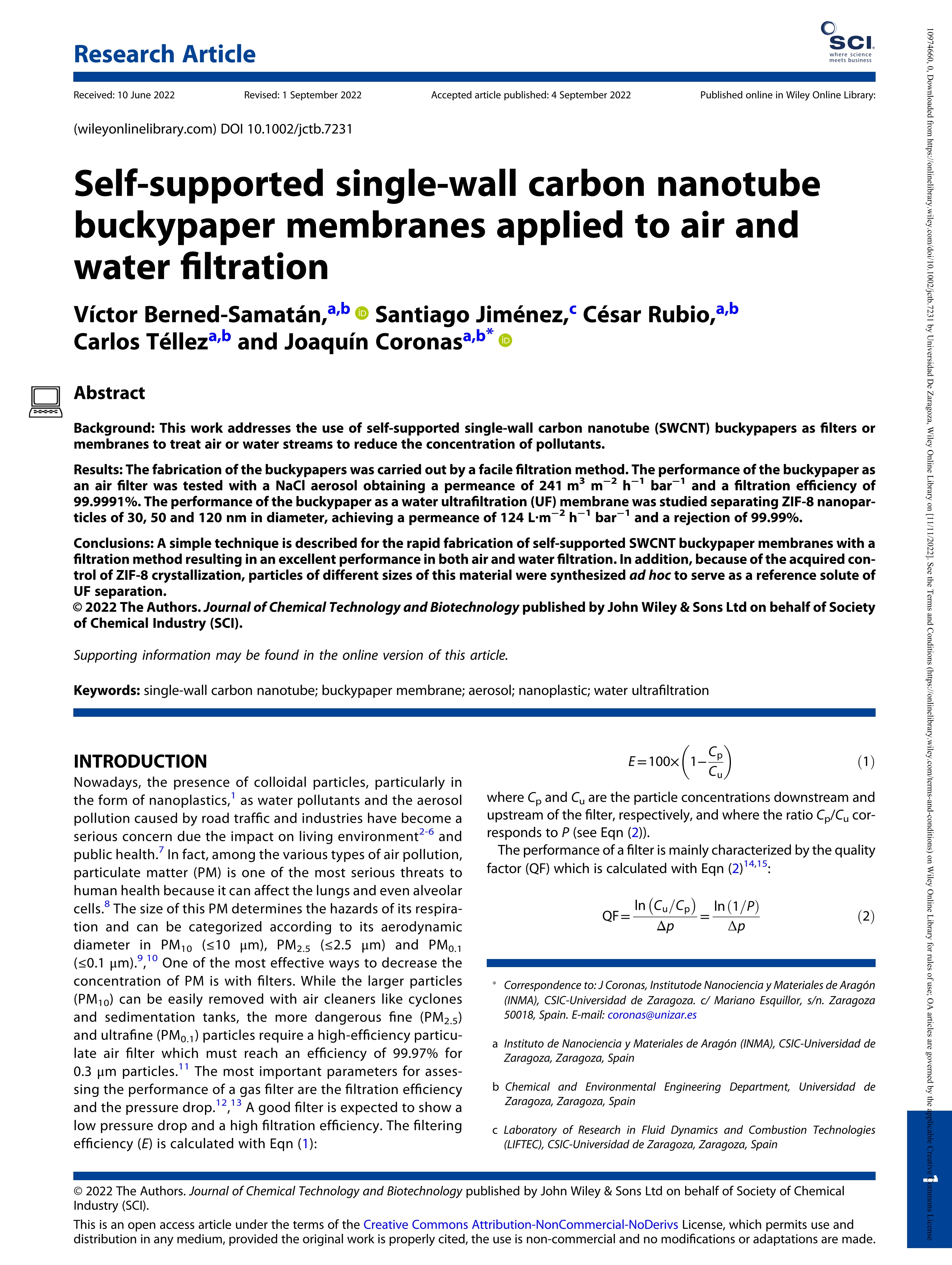 Self-supported single-wall carbon nanotube buckypaper membranes applied to air and water filtration