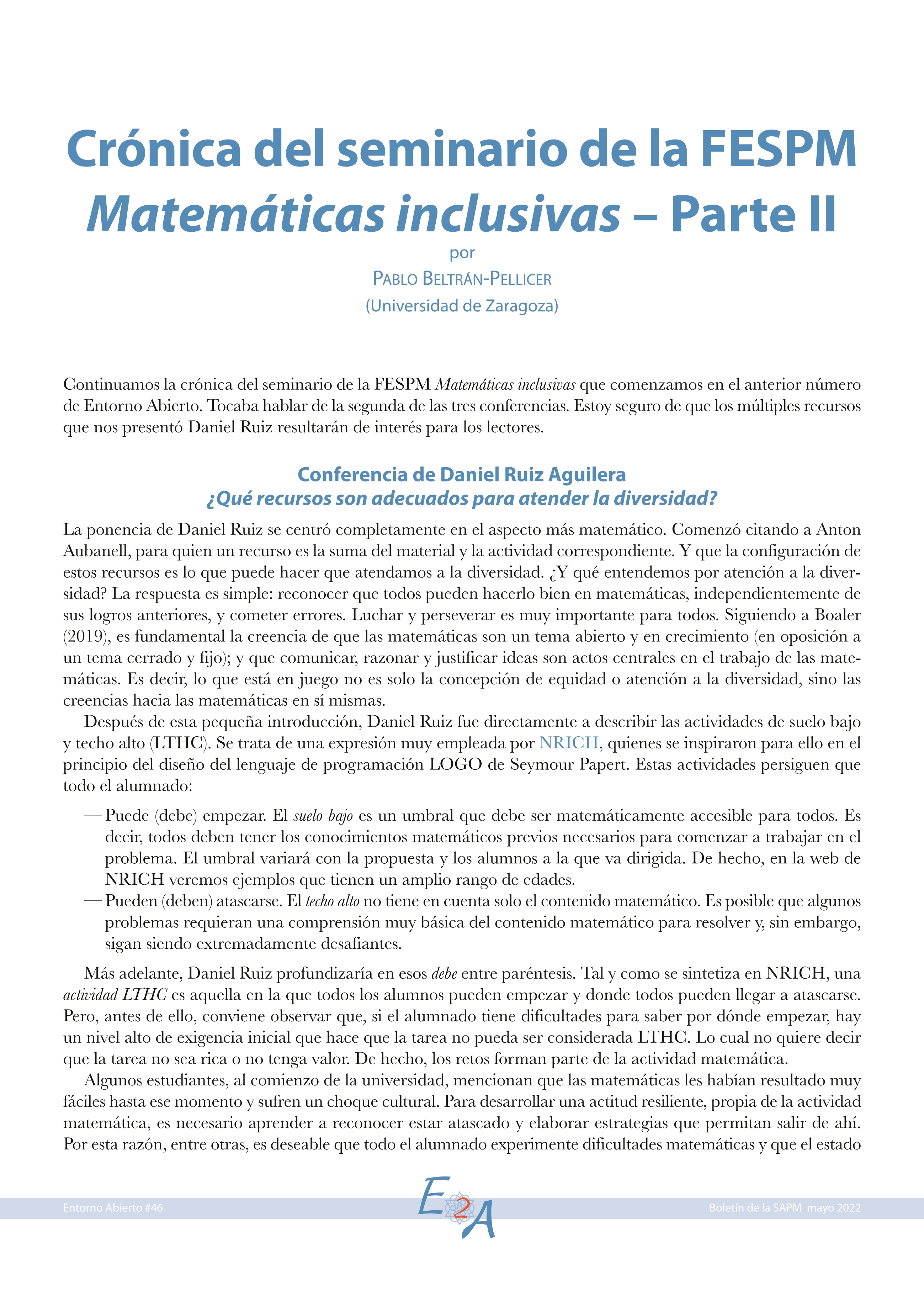 Crónica del seminario de la FESPM Matemáticas inclusivas – Parte II