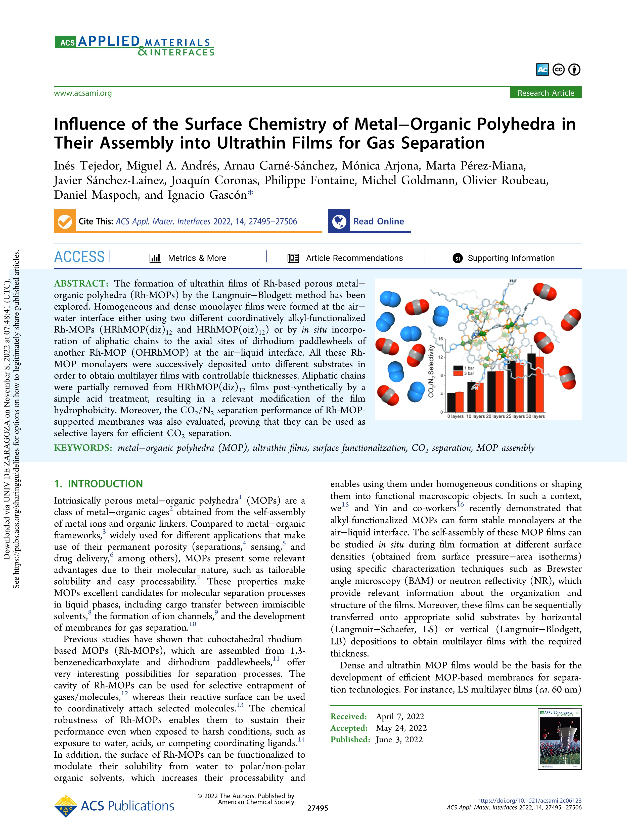 Influence of the Surface Chemistry of Metal-Organic Polyhedra in Their Assembly into Ultrathin Films for Gas Separation