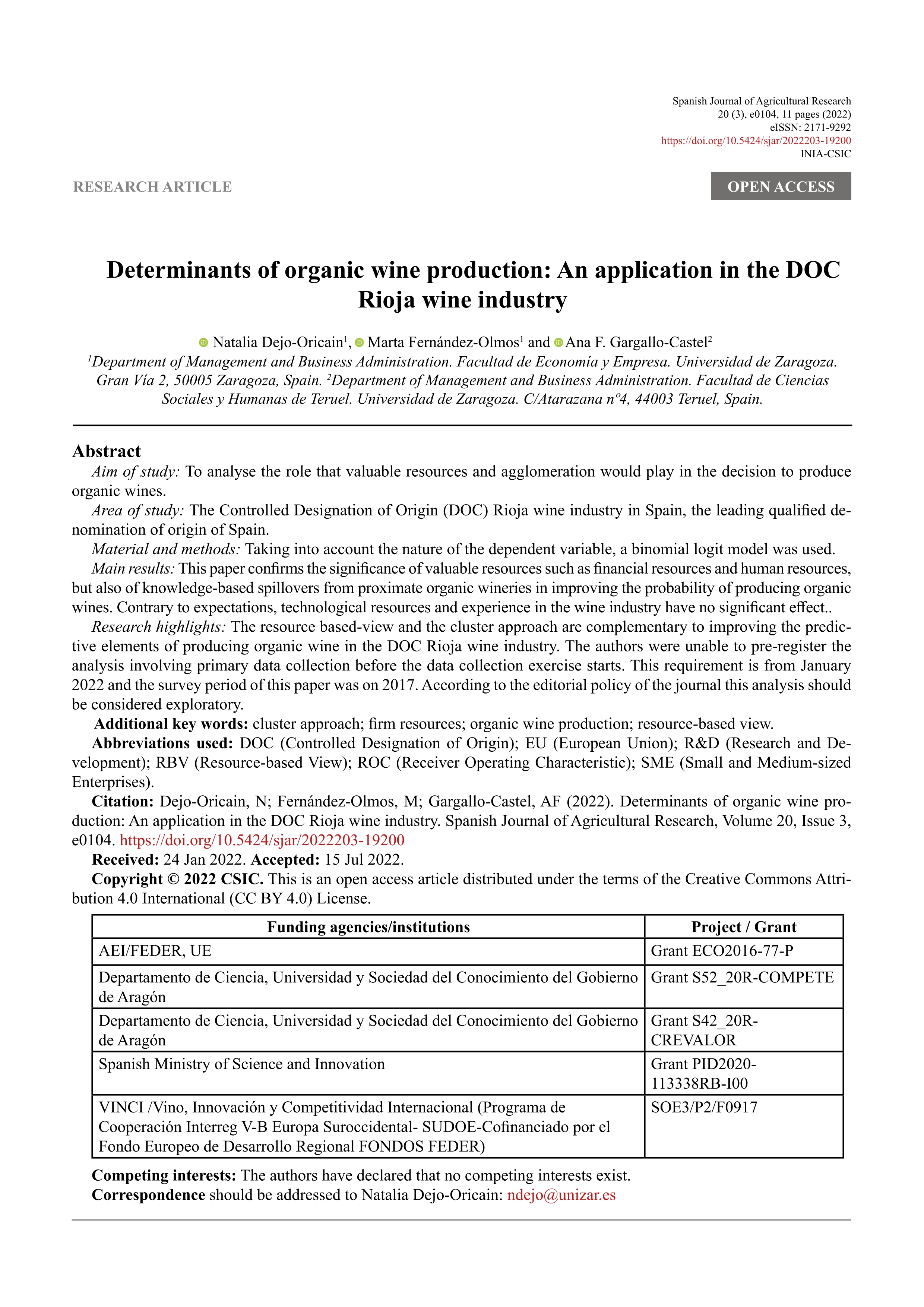 Determinants of organic wine production: an application in the DOC Rioja wine industry