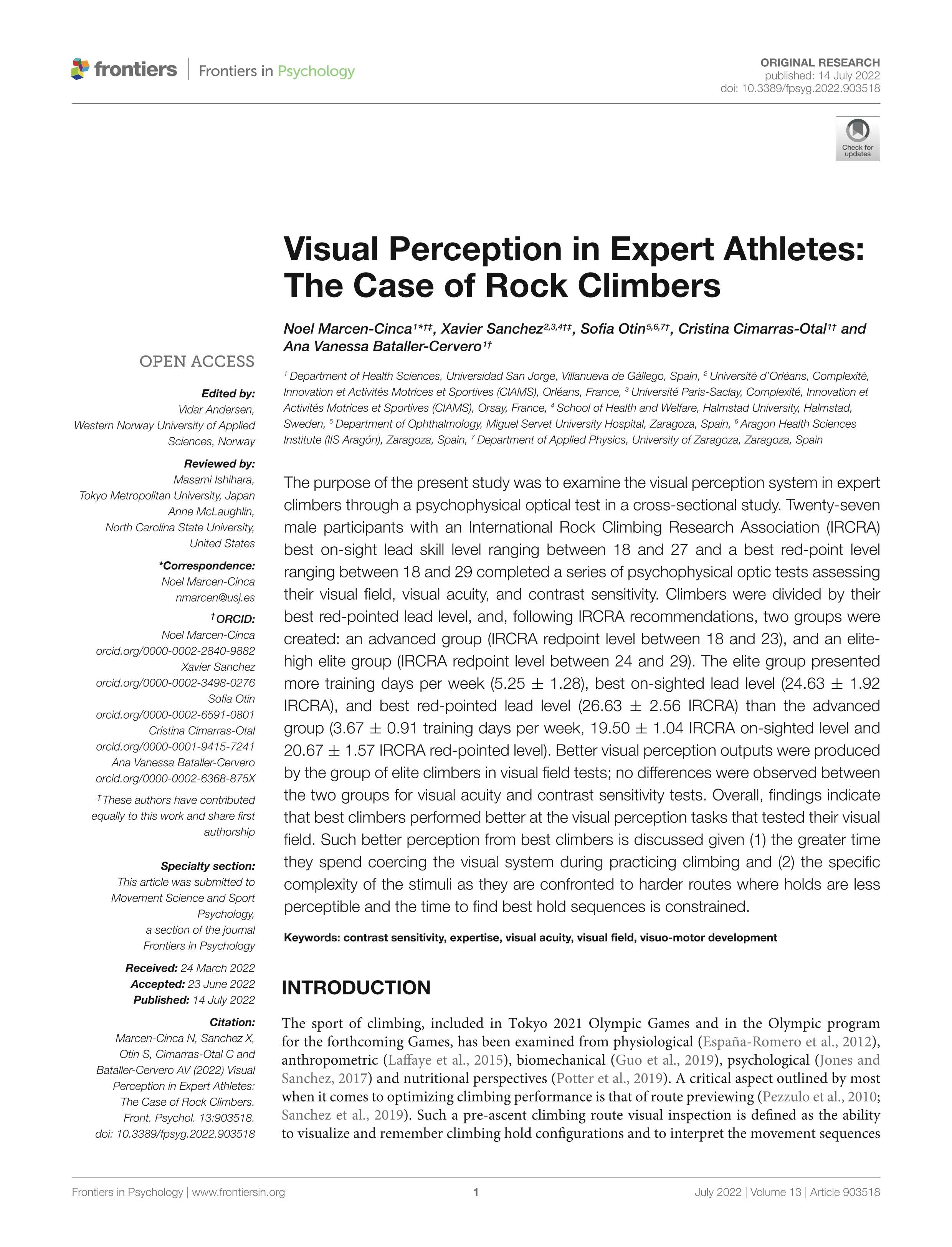 Visual Perception in Expert Athletes: The Case of Rock Climbers