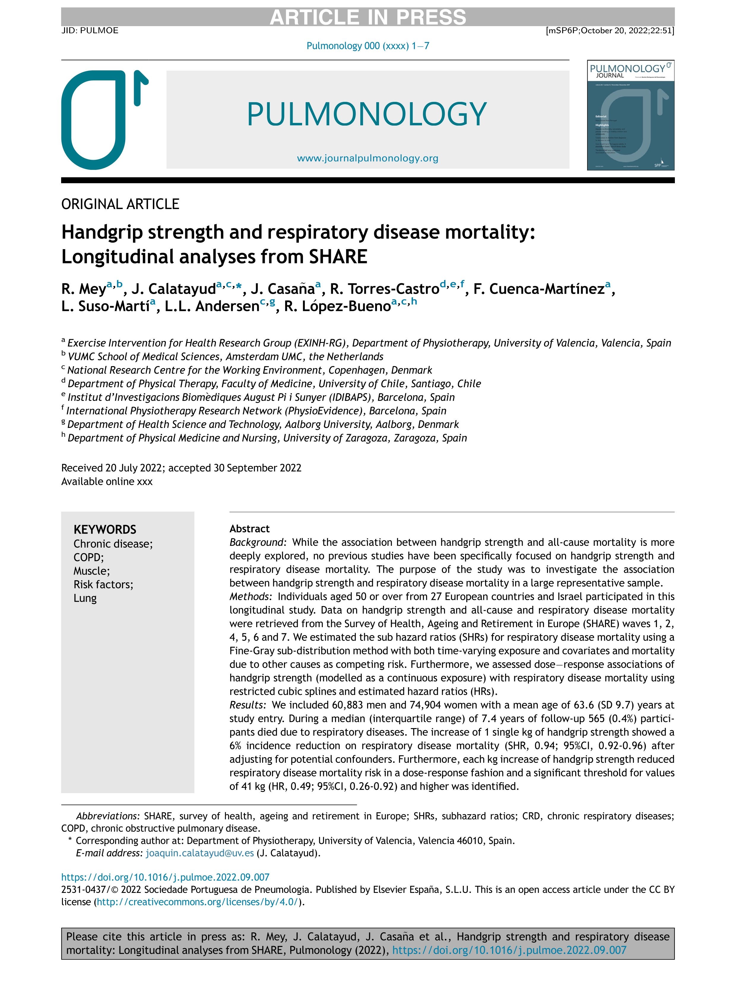 Handgrip strength and respiratory disease mortality: Longitudinal analyses from SHARE