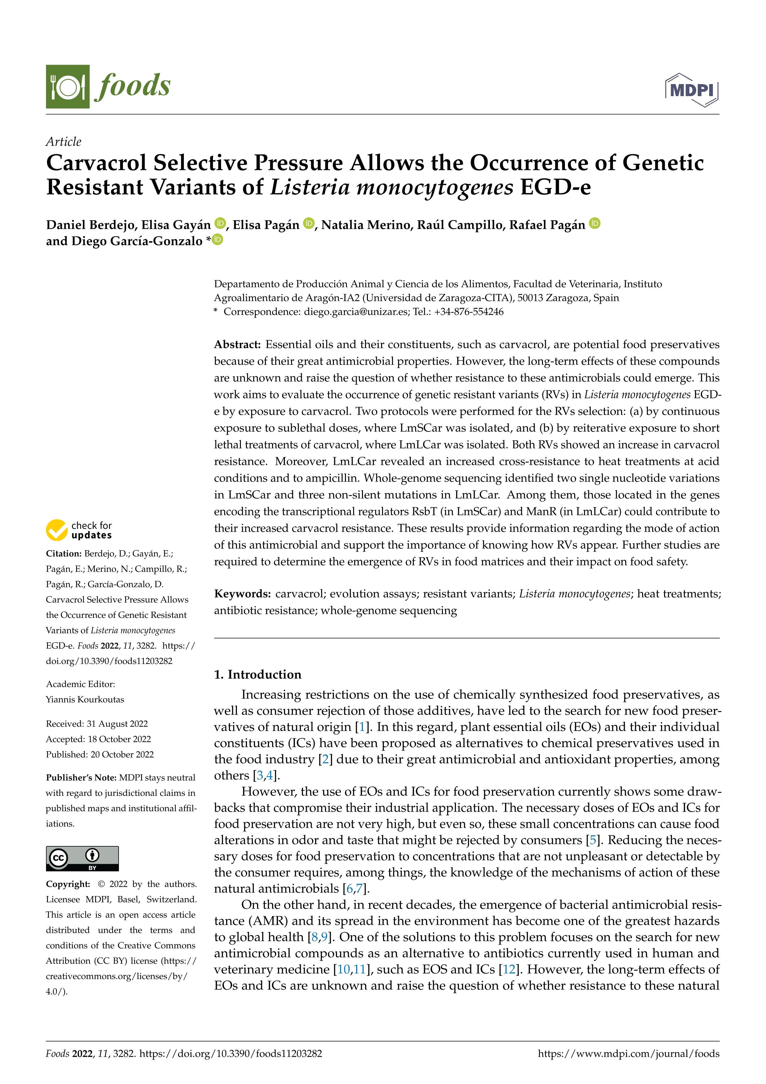 Carvacrol selective pressure allows the occurrence of genetic resistant variants of Listeria monocytogenes EGD-e