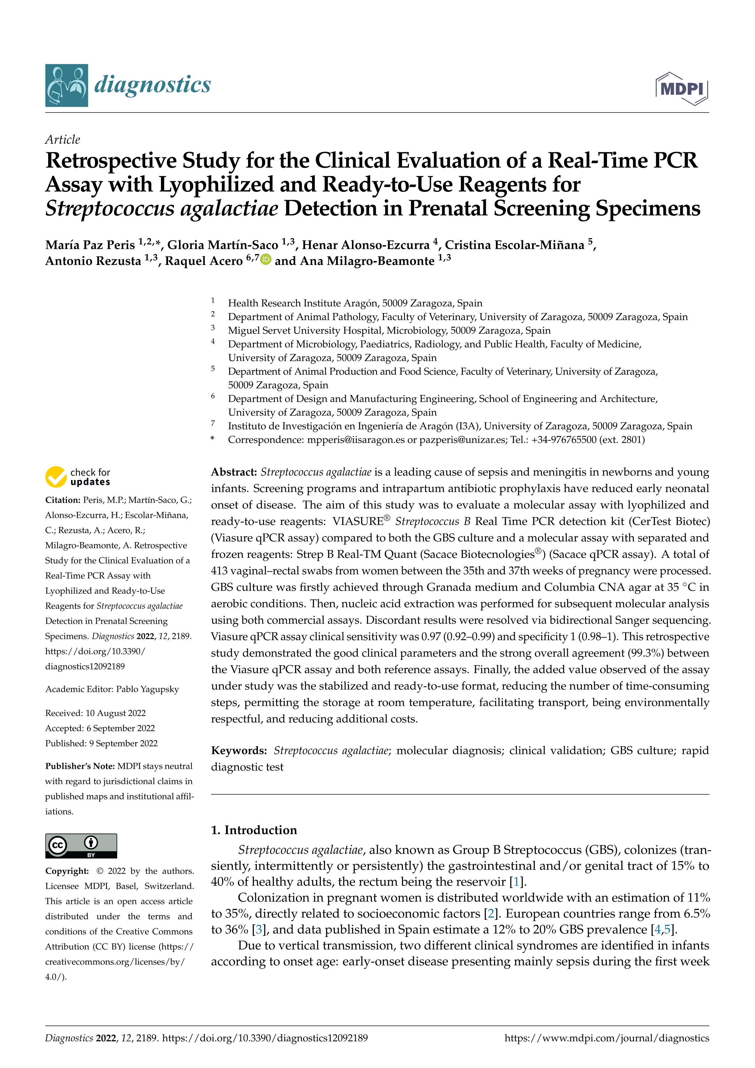 Retrospective Study for the Clinical Evaluation of a Real-Time PCR Assay with Lyophilized and Ready-to-Use Reagents for Streptococcus agalactiae Detection in Prenatal Screening Specimens