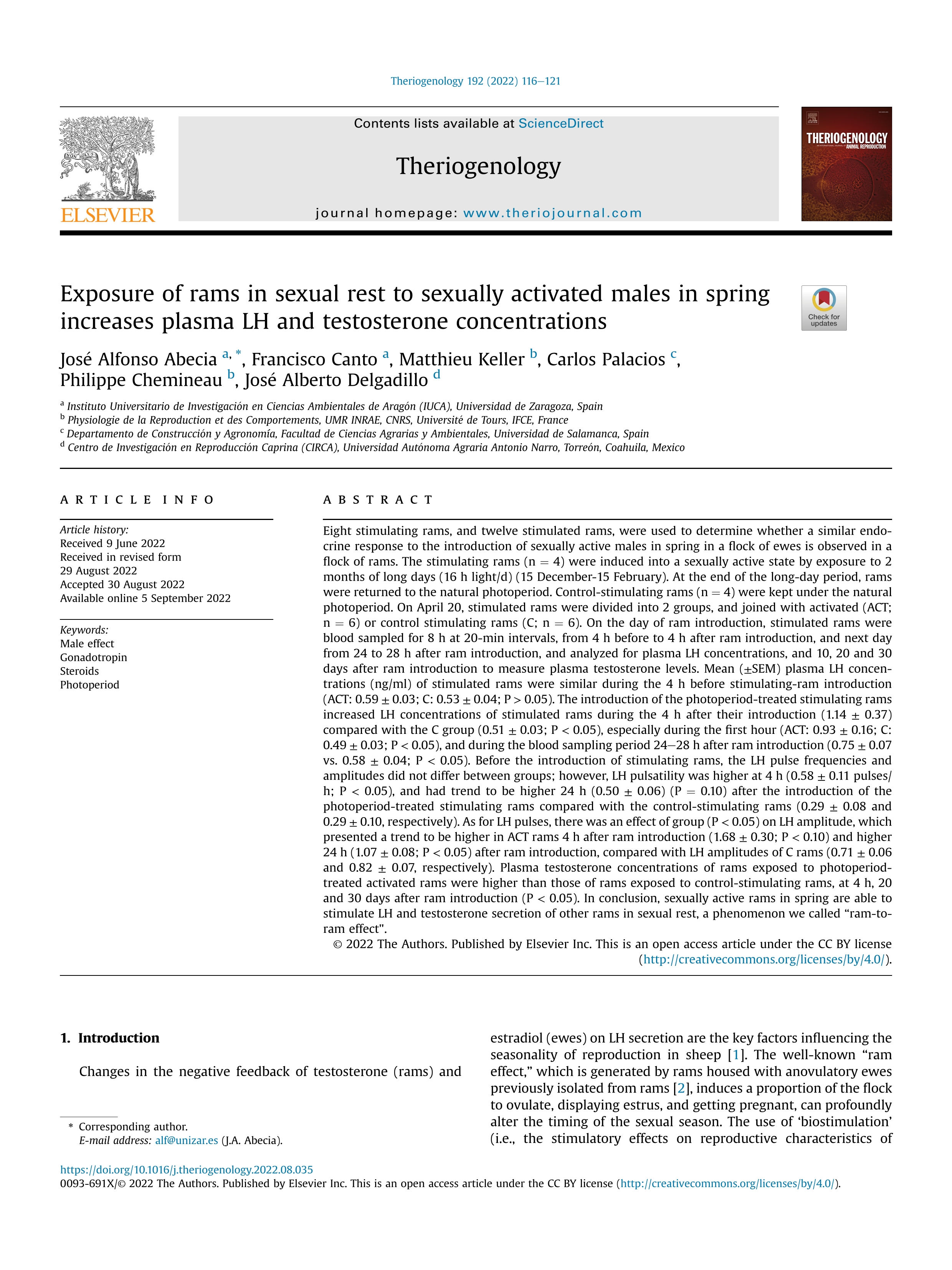 Exposure of rams in sexual rest to sexually activated males in spring increases plasma LH and testosterone concentrations