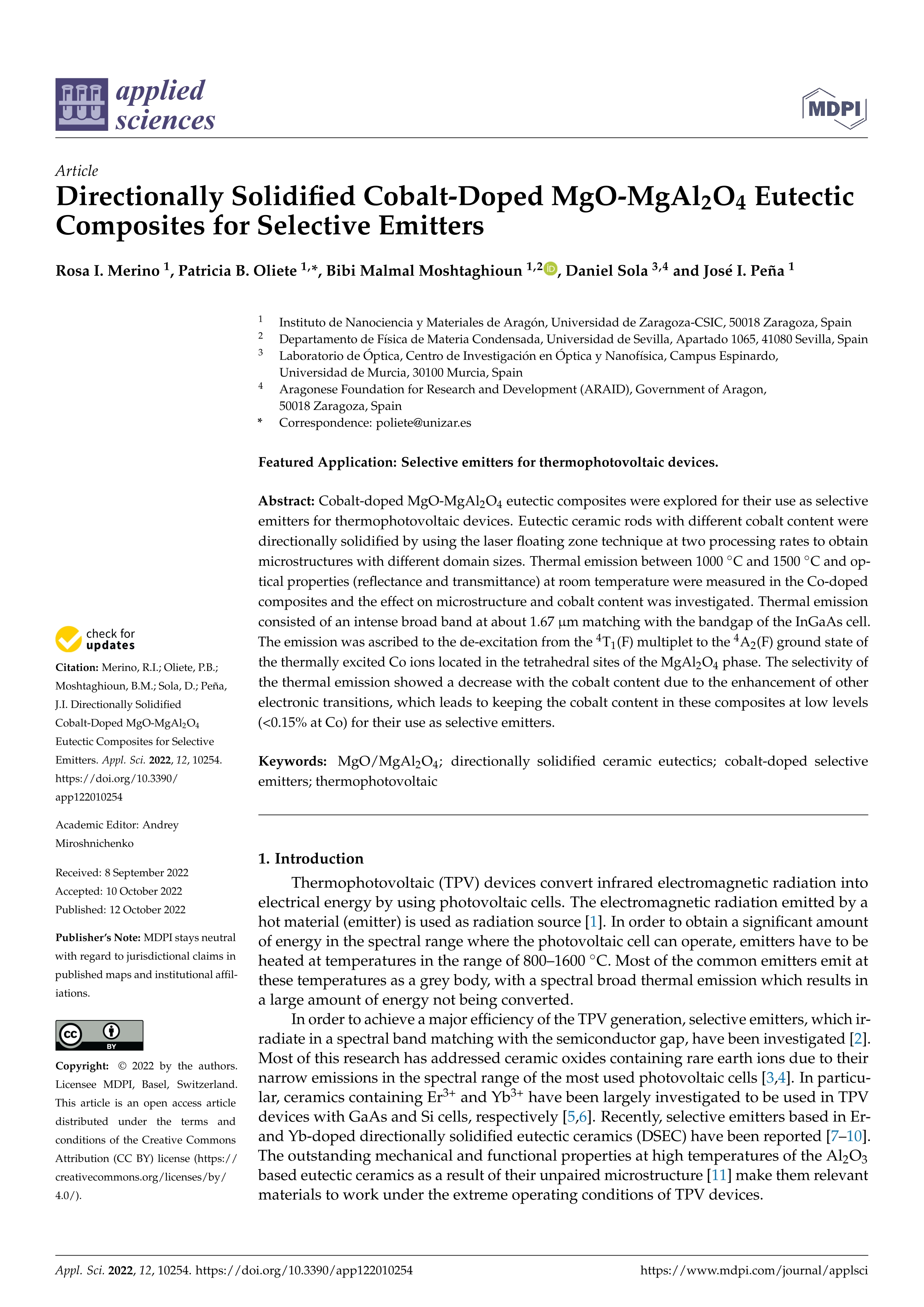 Directionally solidified cobalt-doped MgO-MgAl2O4 eutectic composites for selective emitters