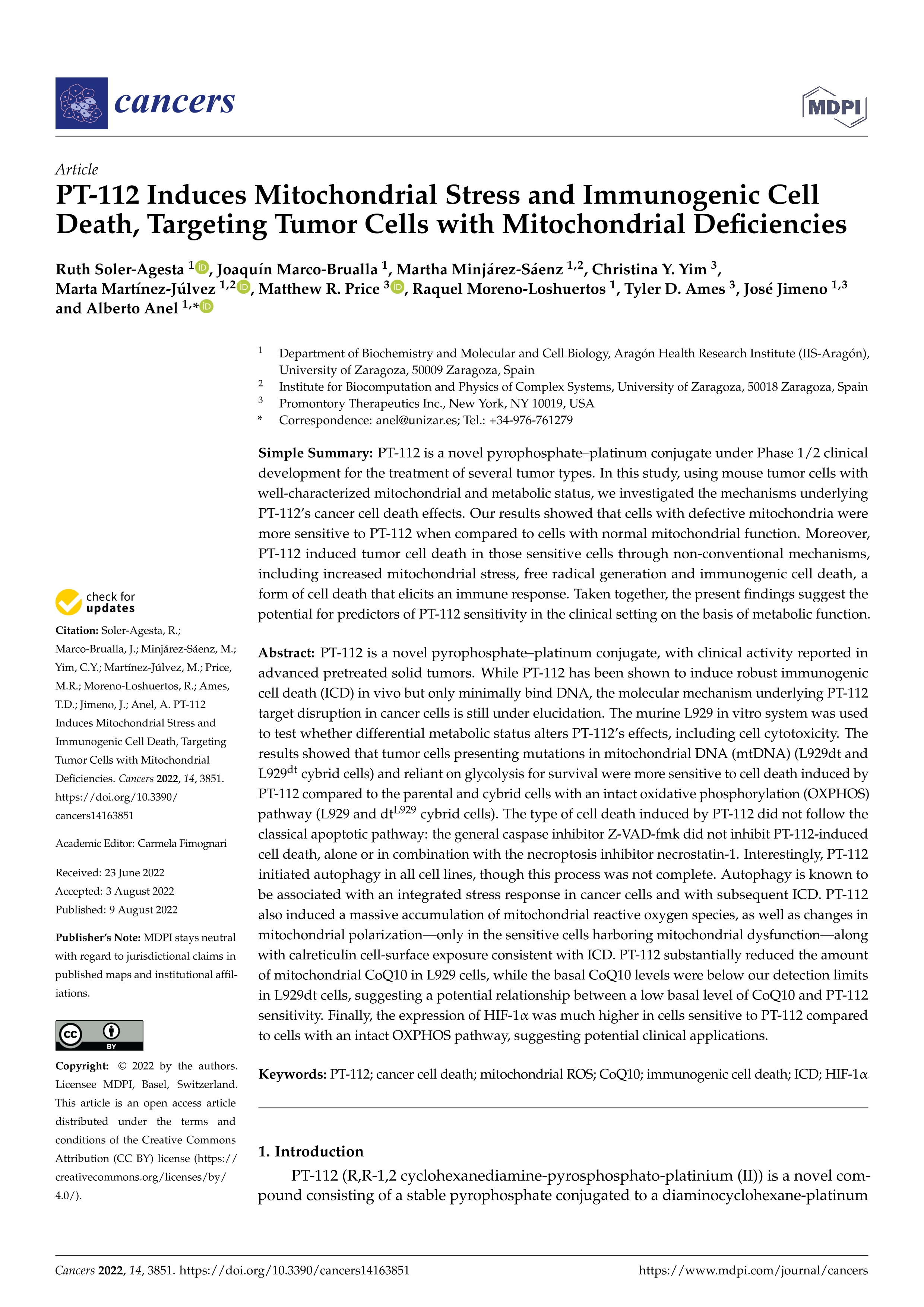 PT-112 Induces Mitochondrial Stress and Immunogenic Cell Death, Targeting Tumor Cells with Mitochondrial Deficiencies