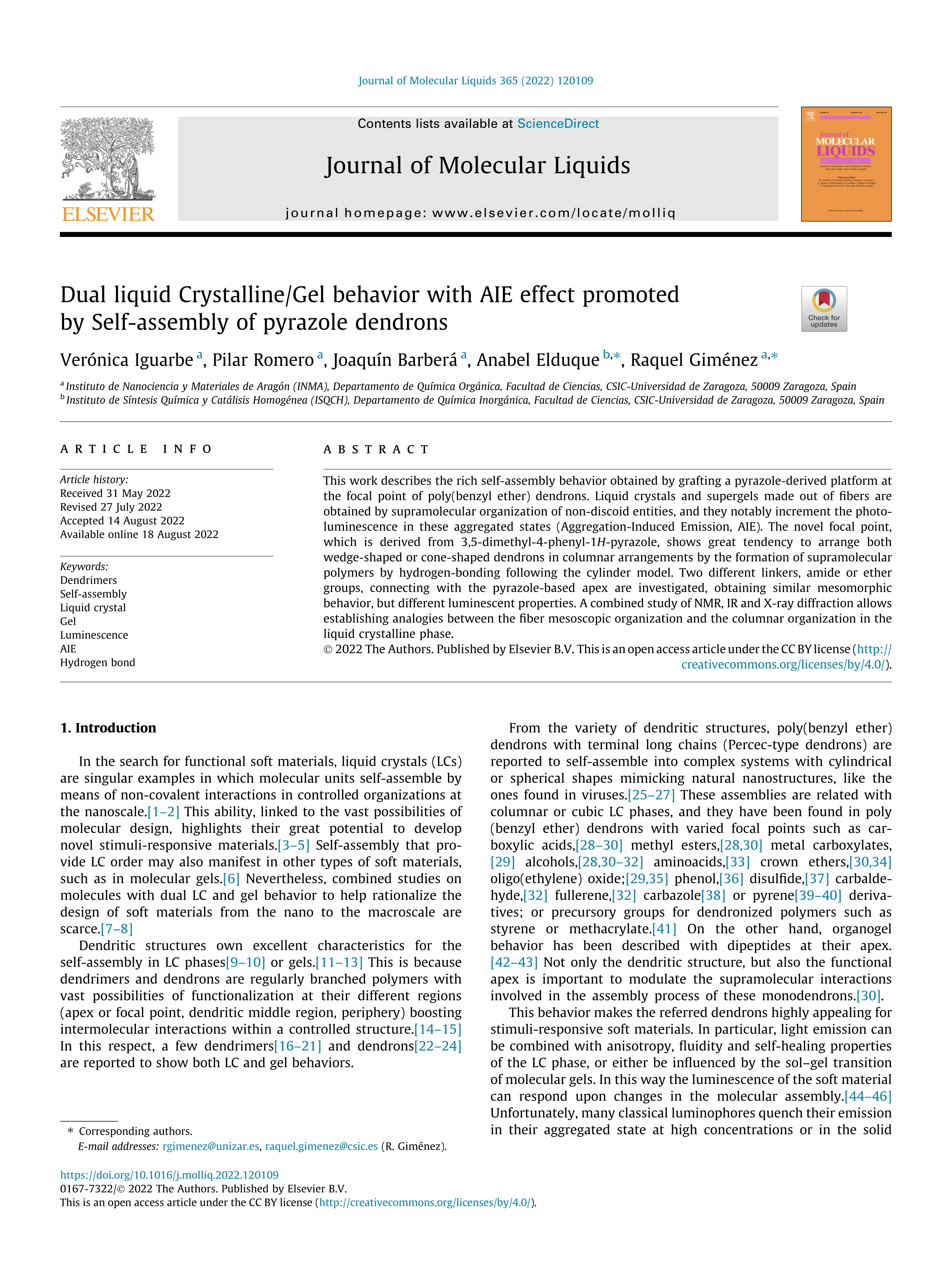 Dual liquid Crystalline/Gel behavior with AIE effect promoted by Self-assembly of pyrazole dendrons