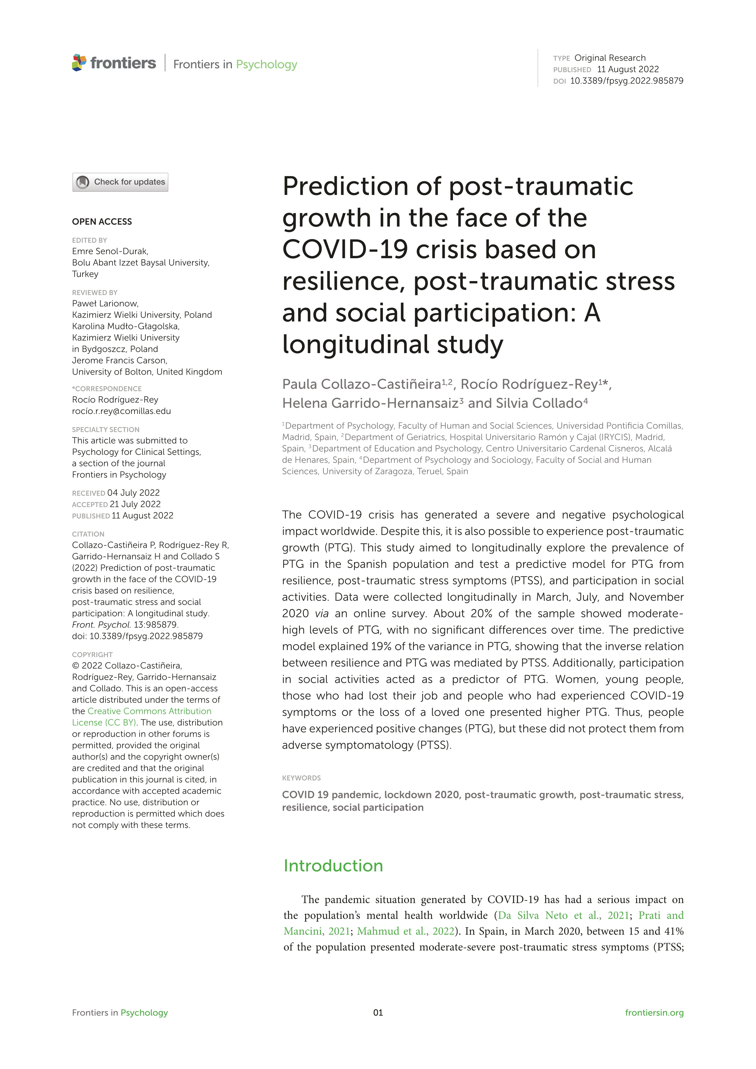 Prediction of post-traumatic growth in the face of the COVID-19 crisis based on resilience, post-traumatic stress and social participation: A longitudinal study